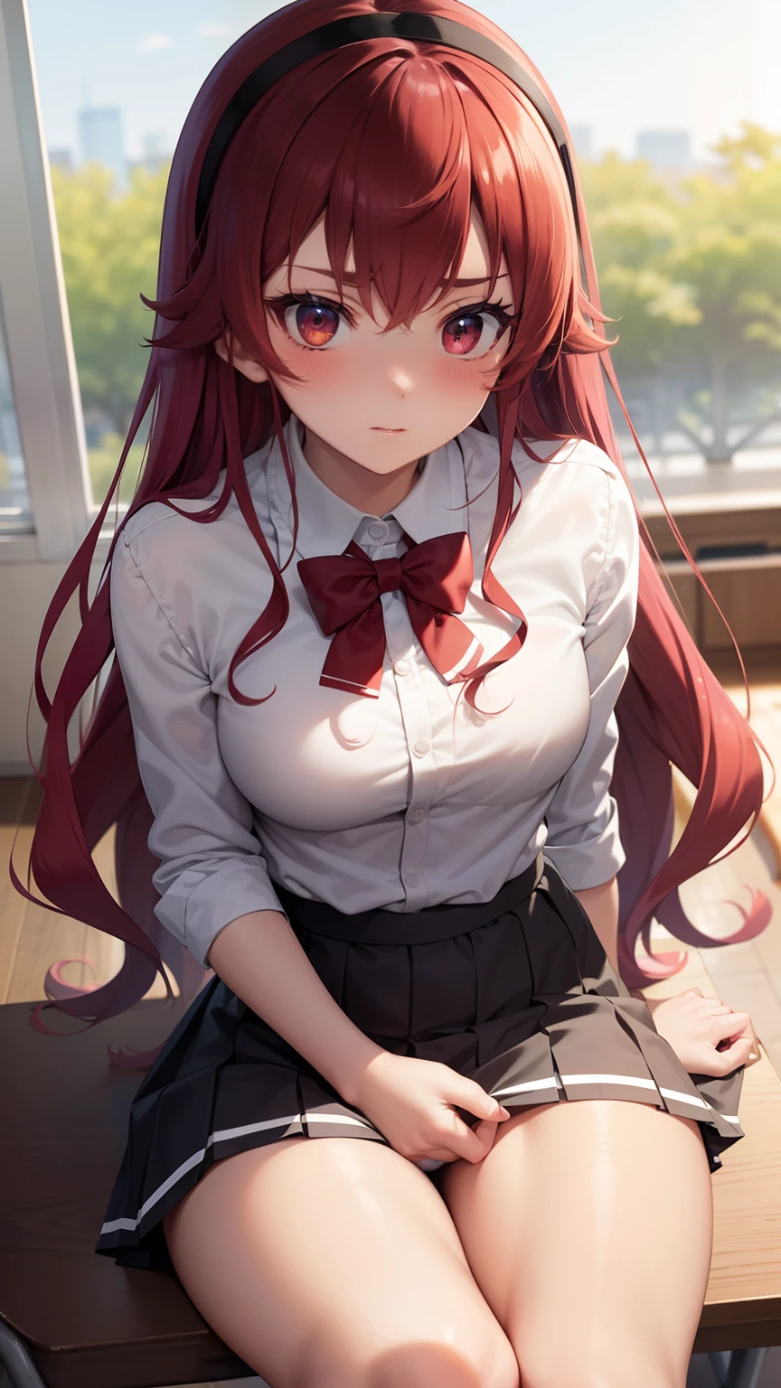 Anime girl with red hair sitting on a table with headphones - SeaArt AI