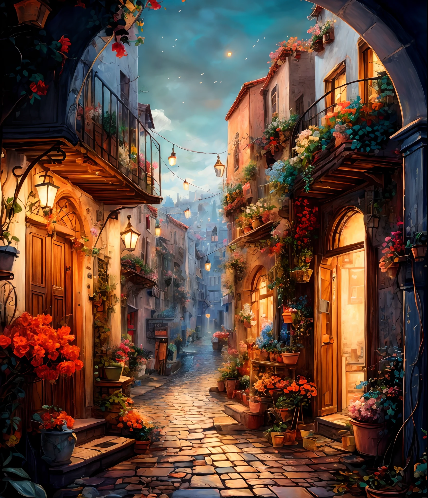 Hay una pintura de una calle con flores y plantas, hermoso arte digitalwork, hermosa pintura digital, hermoso arte uhd 4k, hermoso arte digital, Arte digital 4k muy detallado, pintura digital muy detallada, hermoso paisaje urbano, Arte detallado de alta calidad 8k, arte digital estilizado, very hermoso arte digital, pintura detallada 4k, Estilo de pintura digital, hermosa ilustración digital