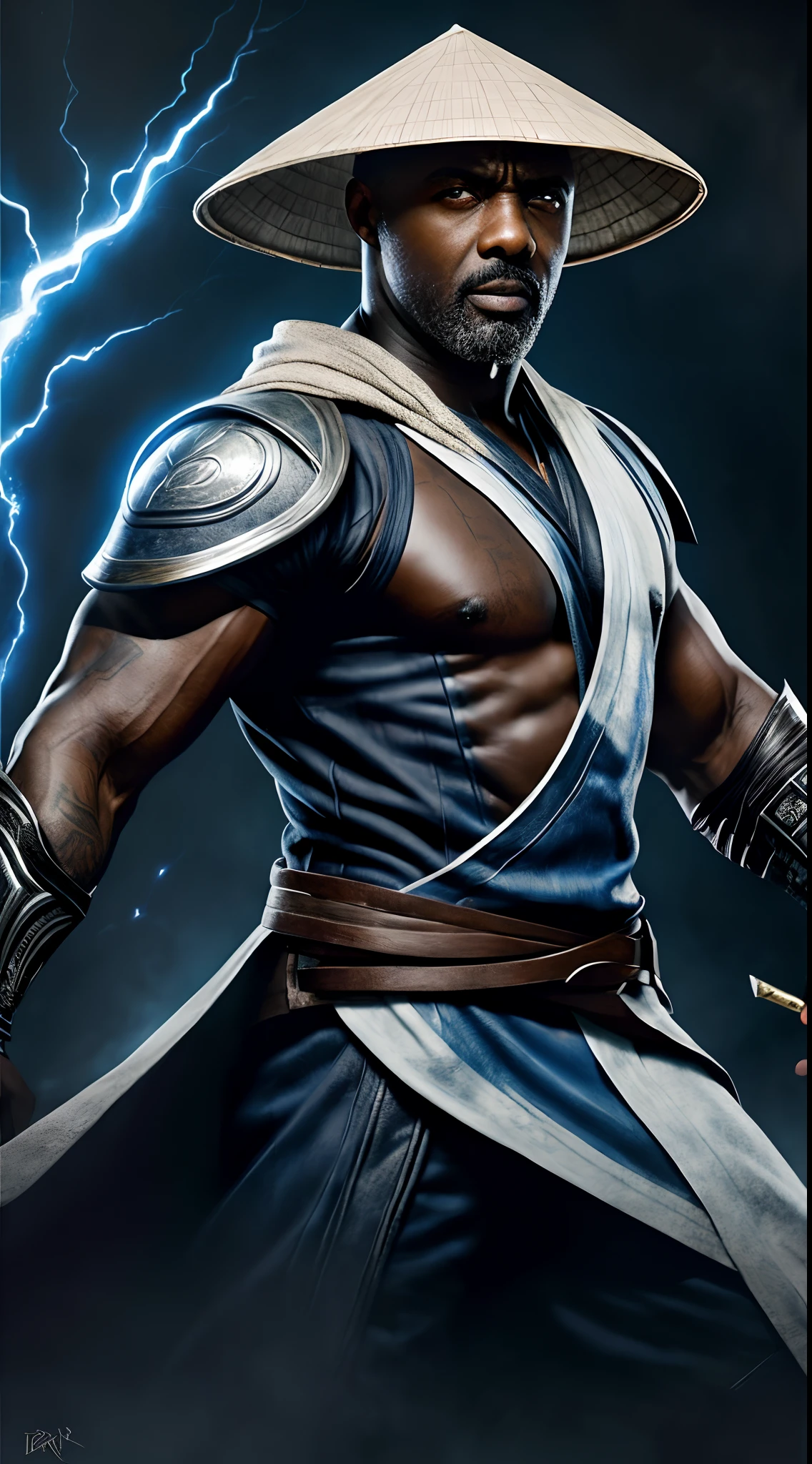 actor ((Idris Elba)) as Raiden, Mortal Kombat, wears white robe, a vietnamese hat, glowing blue eyes, wields staff, God of Thunder, protector of Earthrealm, intricate, high detail, sharp focus, dramatic, photorealistic painting art by greg rutkowski