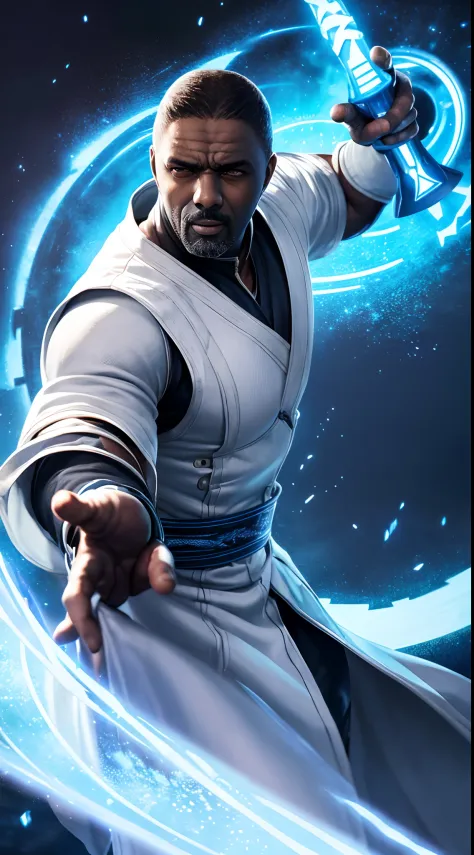 actor ((Idris Elba)) as Raiden, Mortal Kombat, wears white robe, a vietnamese hat, glowing blue eyes, wields staff, God of Thund...