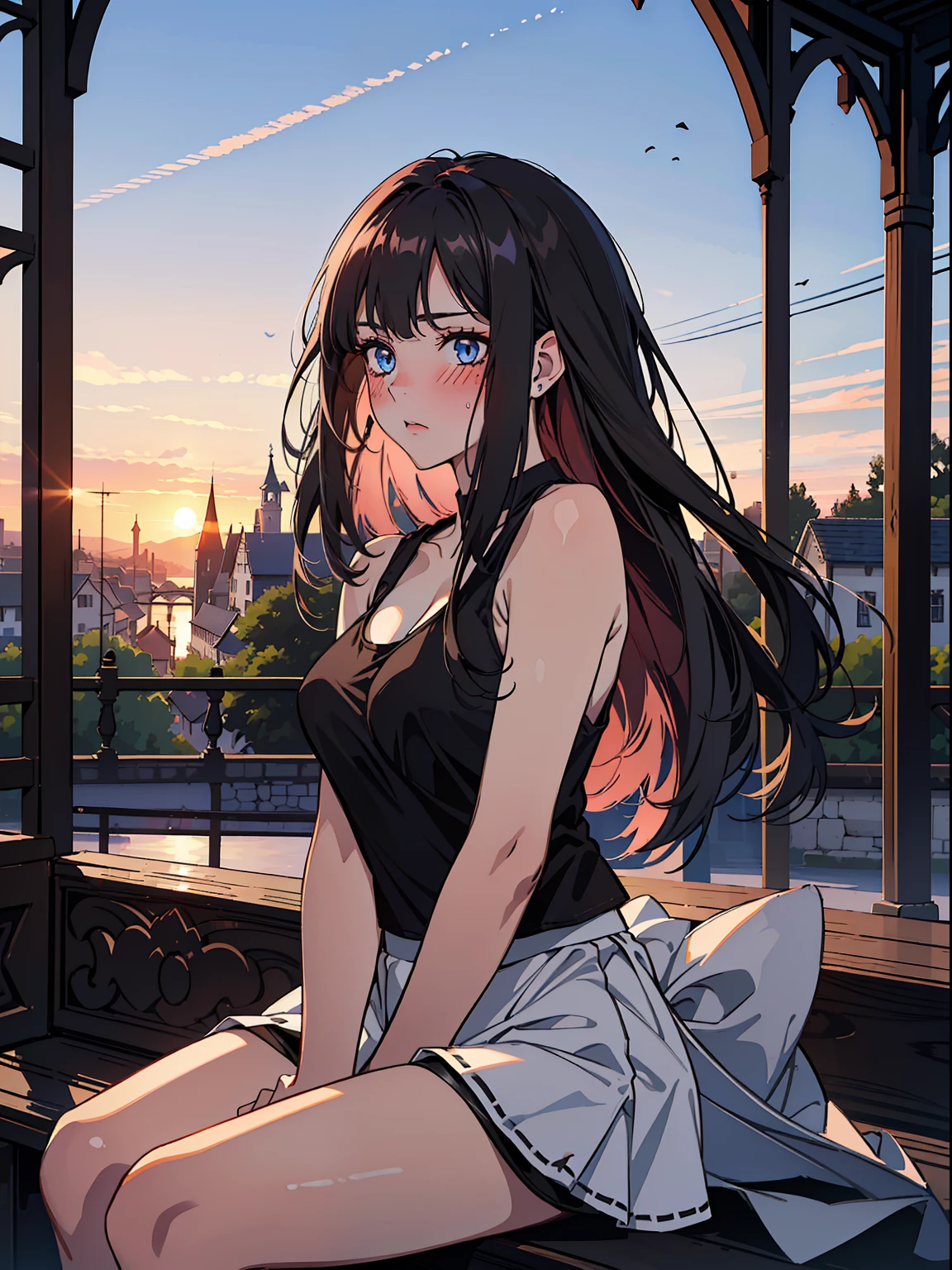 ((one girl)), dark blue eyes, long hair, A beautiful girl is sitting on a bench, 25 years old, masterpiece, highest quality, (((black tank top))) , (((white mini skirt))), big breasts, portrait, (high quality :1.5), black hair, (((blushing))), Tall body, outdoors, (((medieval era, village))), ((high resolution)), ((sunset in the back)), mature face, ((she loves you))