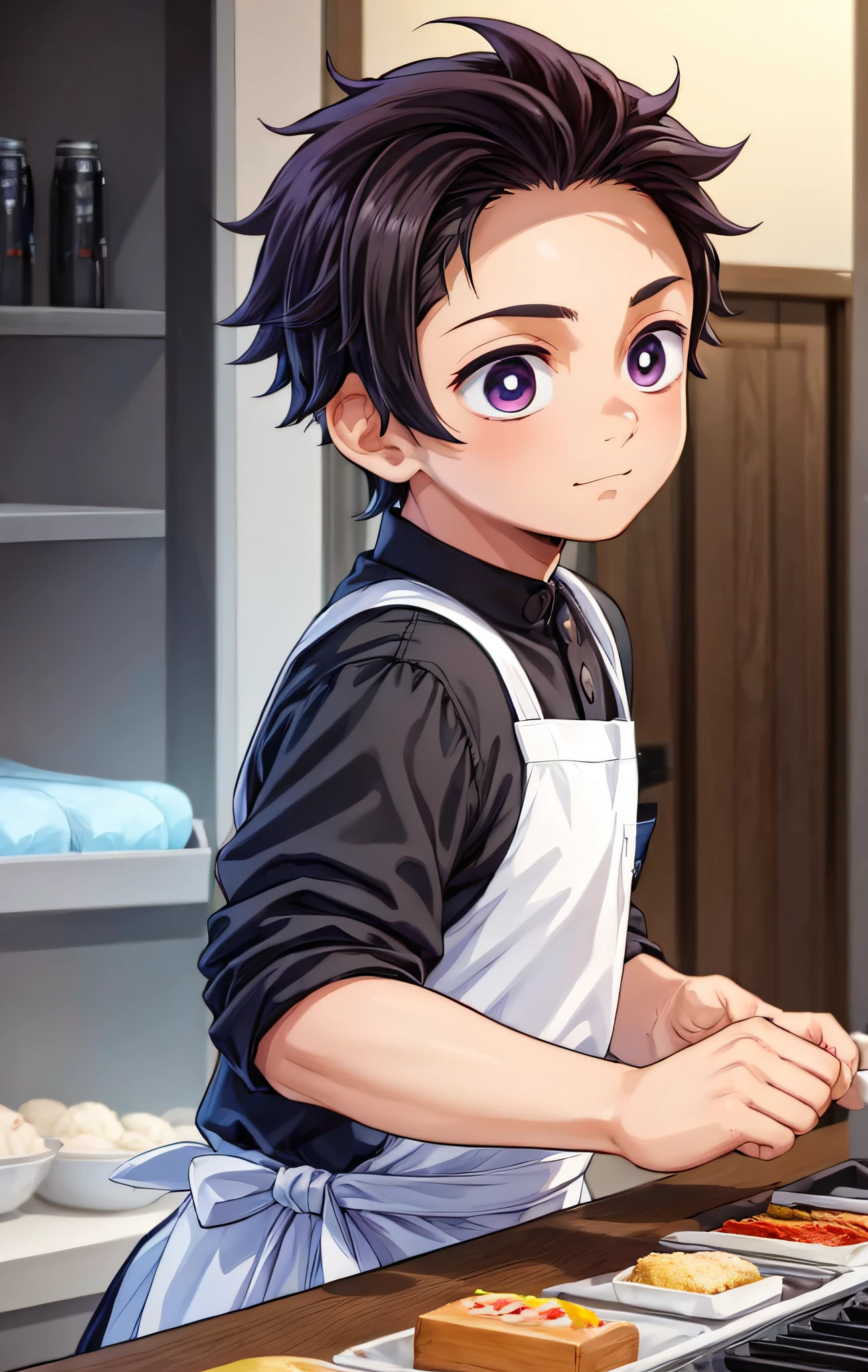 Anime boy in apron preparing food in kitchen with wooden table - SeaArt AI