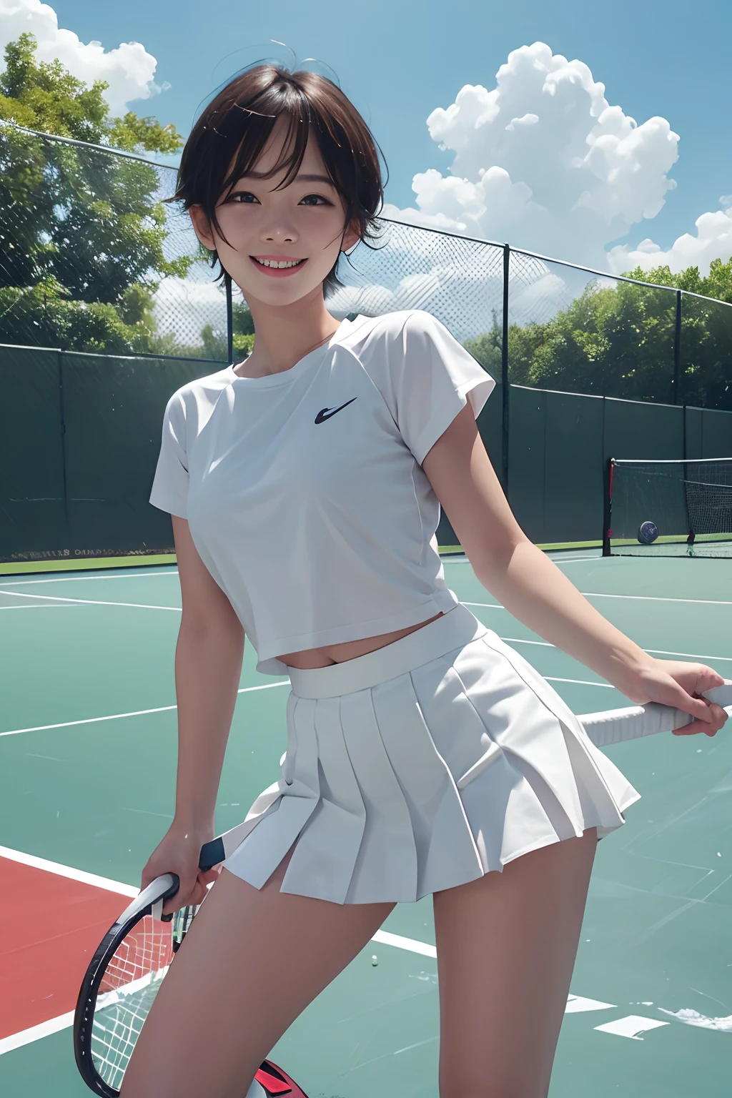 Pubic hair grows、Smile full of happiness、((nearly naked:1.3))、nearly naked、、Panting face、Lacking、After being attacked、Sweating、Expression in a state of excitement、short-hair、eye glass、1girll，Tennis player，face perfect，crisp breasts, Convex buttocks,White Sport Short Sleeve，Short white pleated skirt，White sport socks，White Tennis Shoes，Wet hair，short-hair、a wet body，Shake the paddle，Tennis Court，Sunnyday，Clouds， Detailed background, Clothing Details, Perfectly proportioned, film grains, Fuji colors, lightand shade contrast, tmasterpiece, high detal, high quarity, hight resolution, Cinematic lighting, 8K, Textured skin, Super Detail