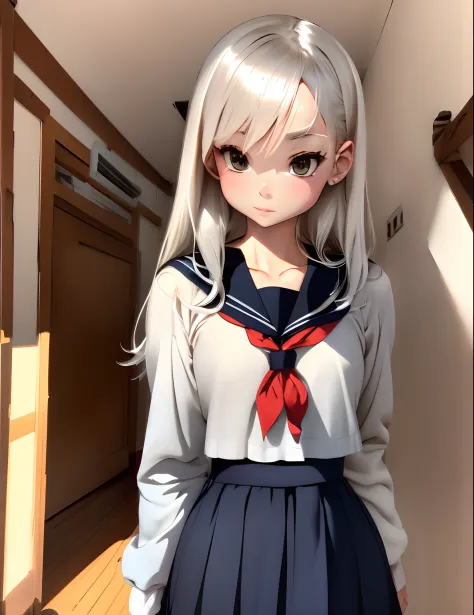 ((Extremely detailed)),, (8K), Best Quality, (Beautiful),((masutepiece)), ((Best Quality)), beautiful a girl,17 age、Light brown eyes、Silky silver hair、Slender body、Smaller chest、(hi-school girl、a sailor suit、Long skirt:1.3)、(Ultra-detailed), ((kawaii)), Cu...