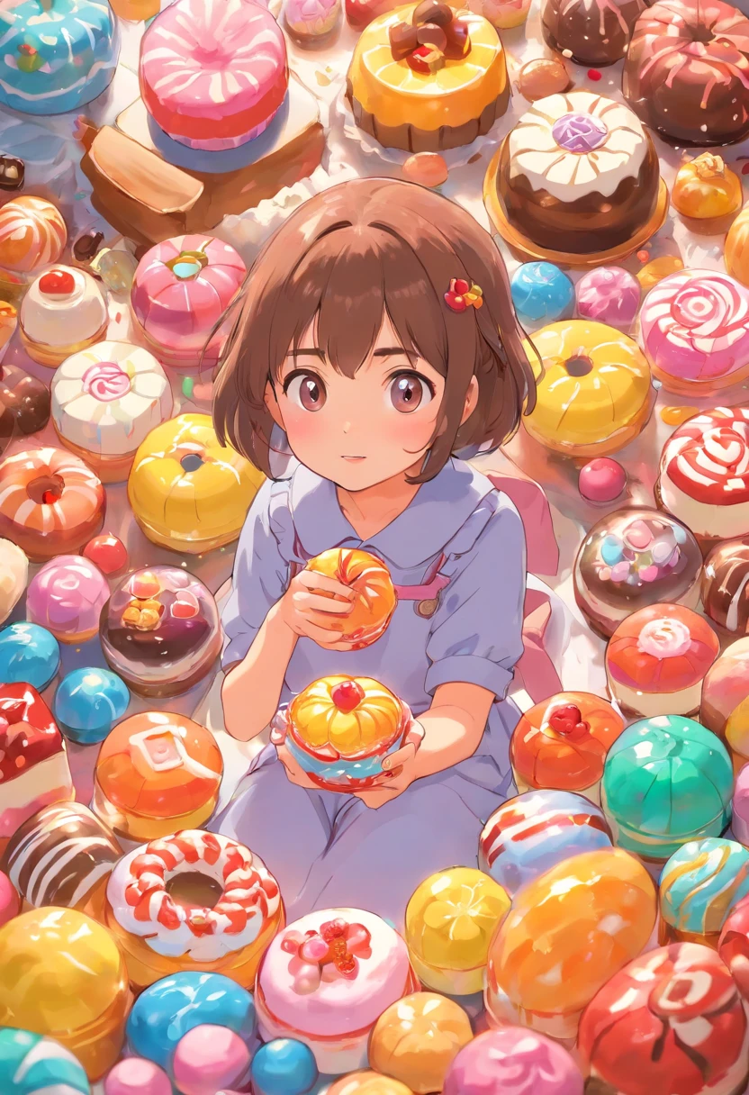 Anime girl sitting in a pile of donuts with a smile on her face - SeaArt AI