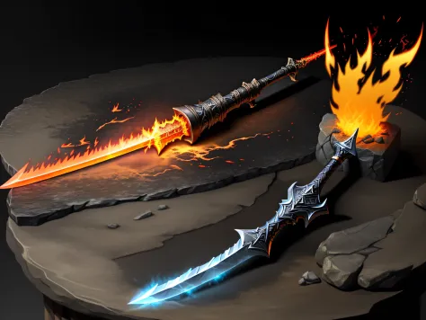 a flaming sword sitting on a stone table, detailed, mythical glowing weapon, flames bursting out, black background