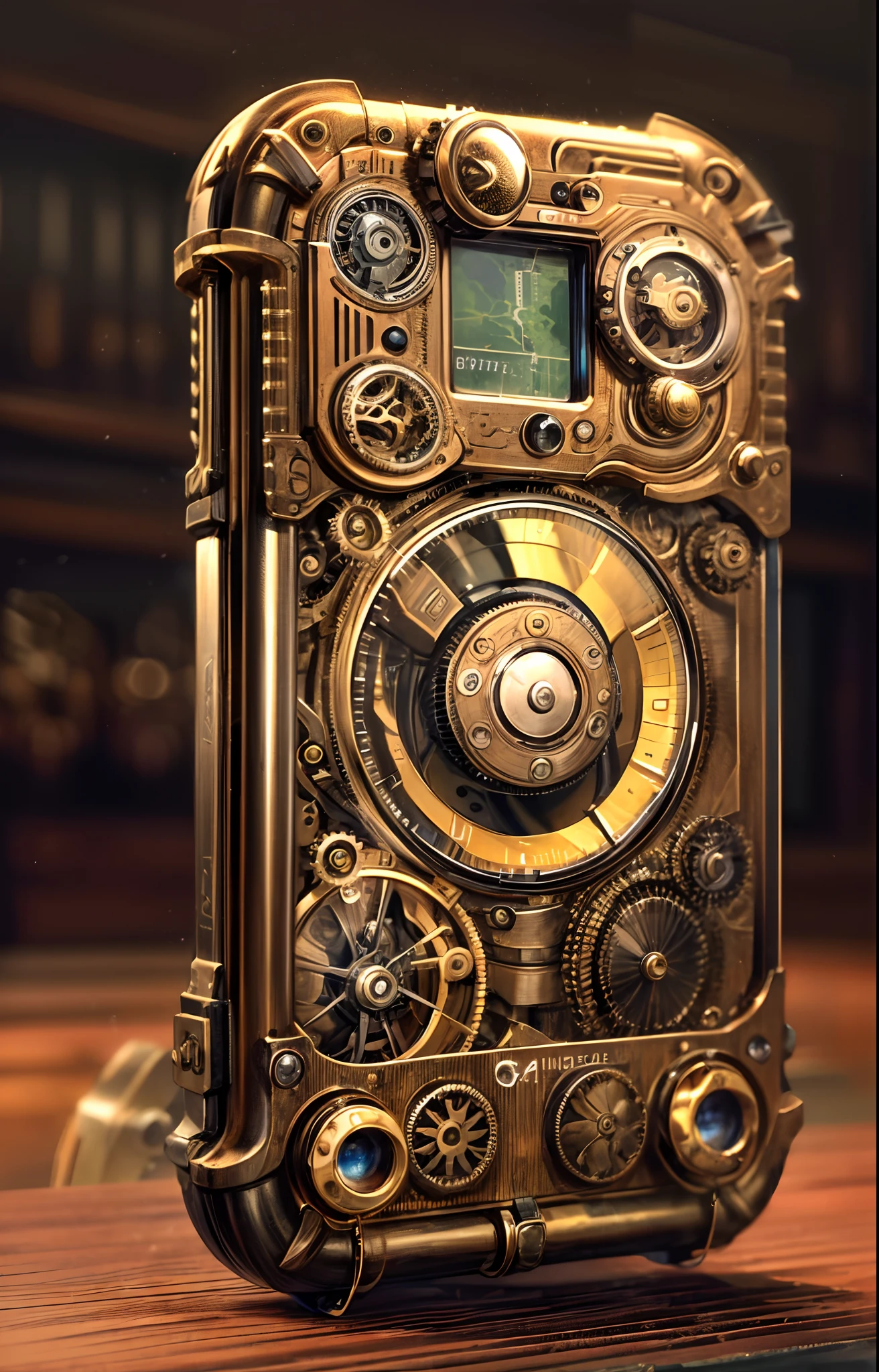 best quality, highres, realistic:1.37), steampunk style smartphone 