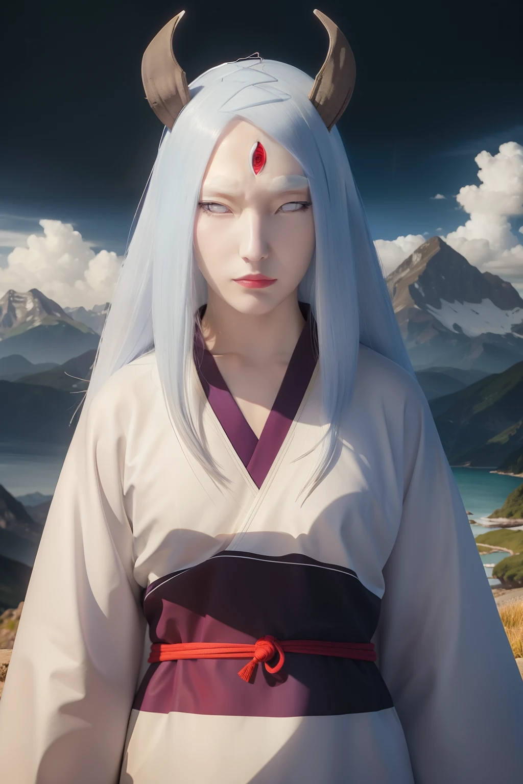 Kaguya otsutsuki. A woman standing in the hills. With a lake behind it. He appeared to be wearing a plain silver kimono. With the obi red kimono. She had silver hair. Straight up. Unraveling. No strings attached. With one pair of horns in brown. He has such pale skin. With tiny lips that were so red. He looked into the camera. So pretty and realistic