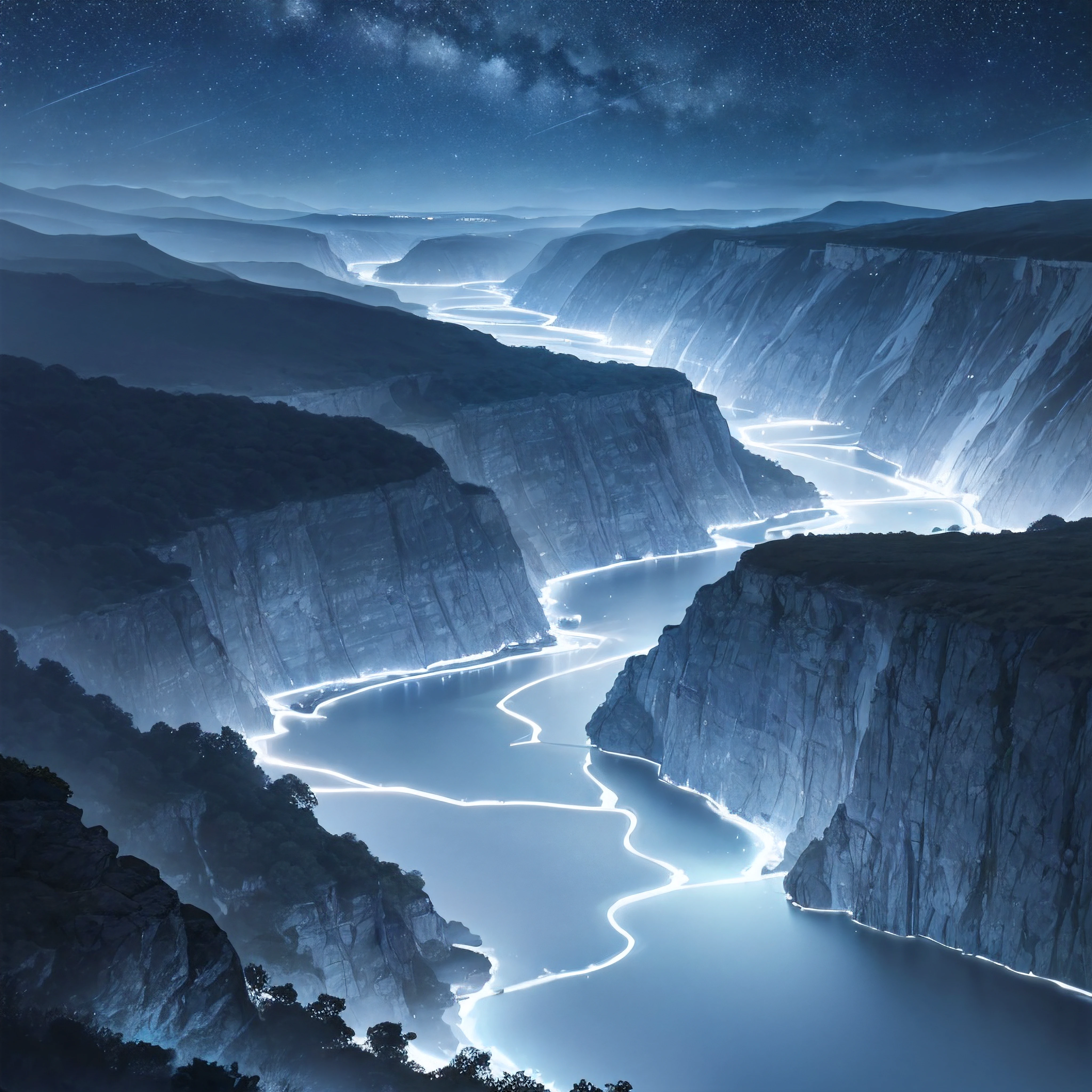 gorge, view from the right side to the left side of the gorge, the stones are dark blue, a small vegetation of light blue color on both sides of the gorge, a light blue electrified river flows in the middle of the valley, empty dark blue metal desert, no buildings, no structures, dark blue storm clouds, light blue lightning from the clouds, blue river, river to the horizon, electrified river, light blue lightning from the river, space sky, dark blue sky, stars in the sky, realistic, watercolor, 4k, high quality, high attention to detail.