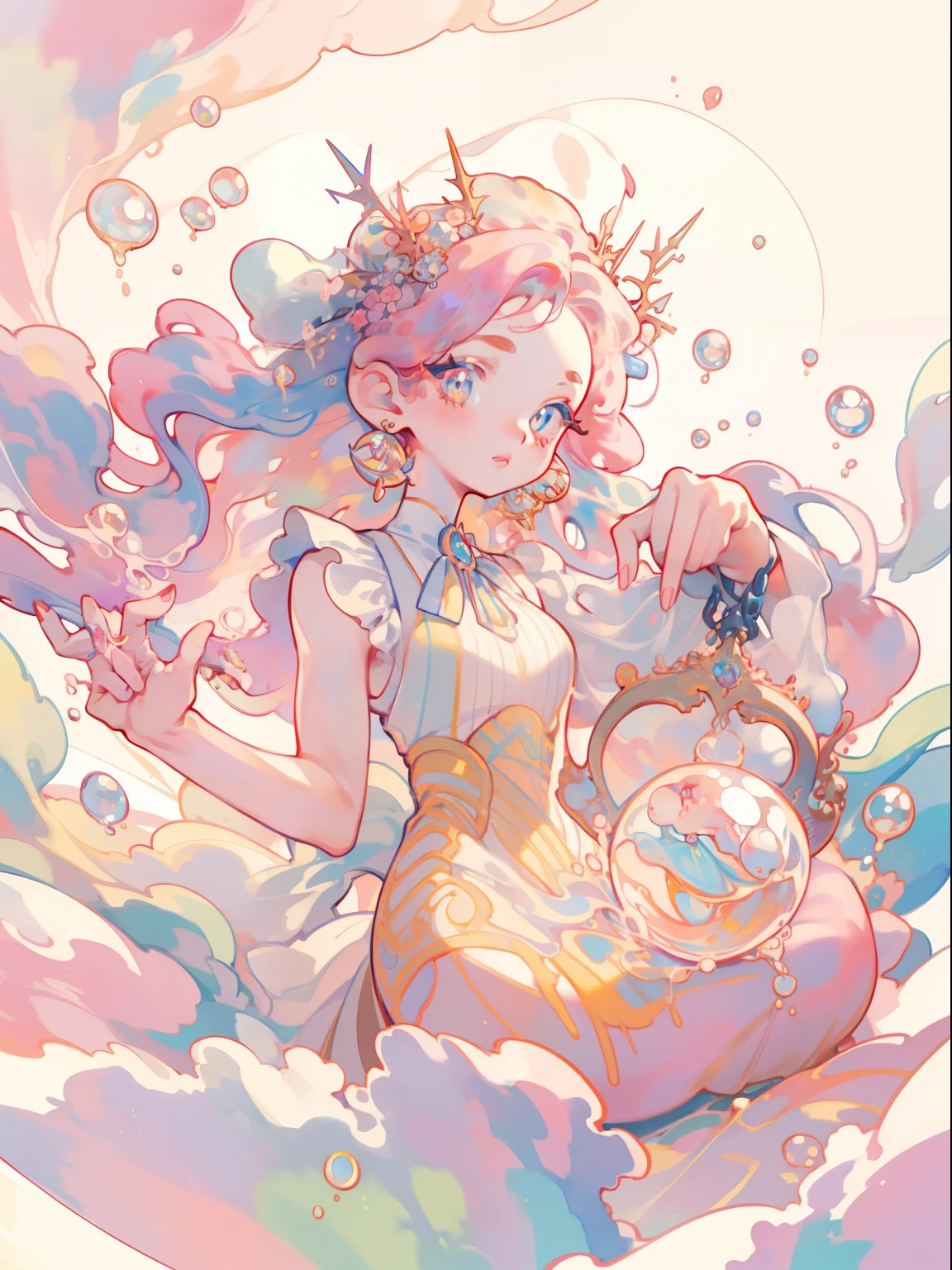 masterpiece, best quality, 8k resolution, sharp focus, intricate detail, beautiful girl, sparkling eyes, golden ratio face, otherworldly liquid, watercolor, sunset colors, bright colors, whimsical, colorful, sharp focus, high resolution, fine detail, liquid ballgown, ((round eyes)), iridescent bubbles