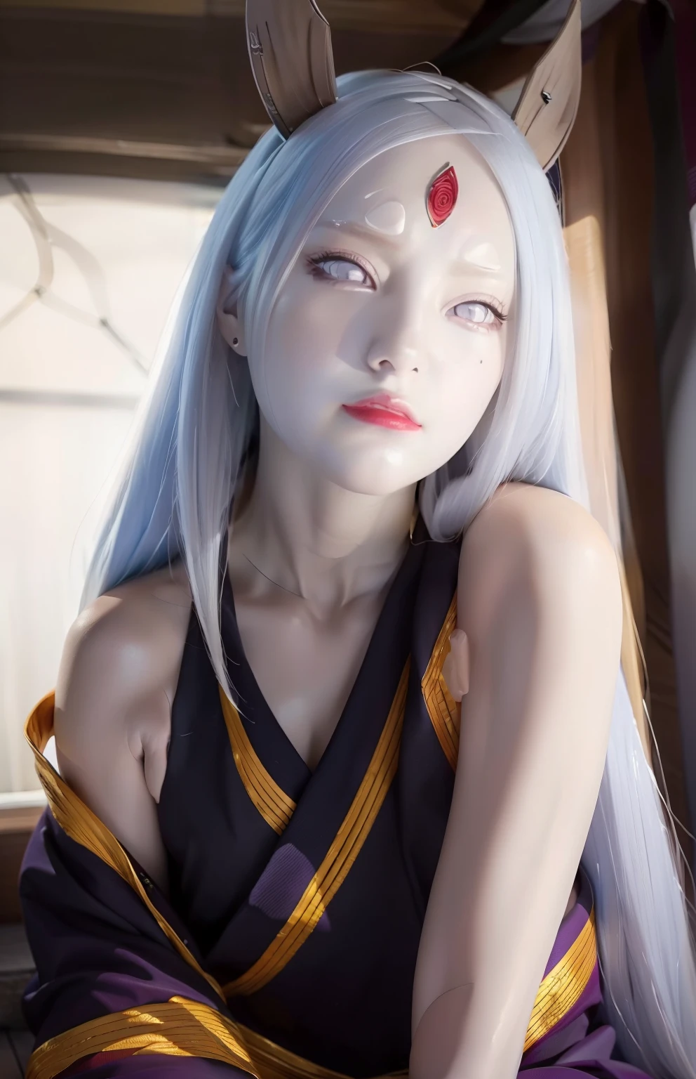 A close up of a woman with long white hair and a cat ears - SeaArt AI