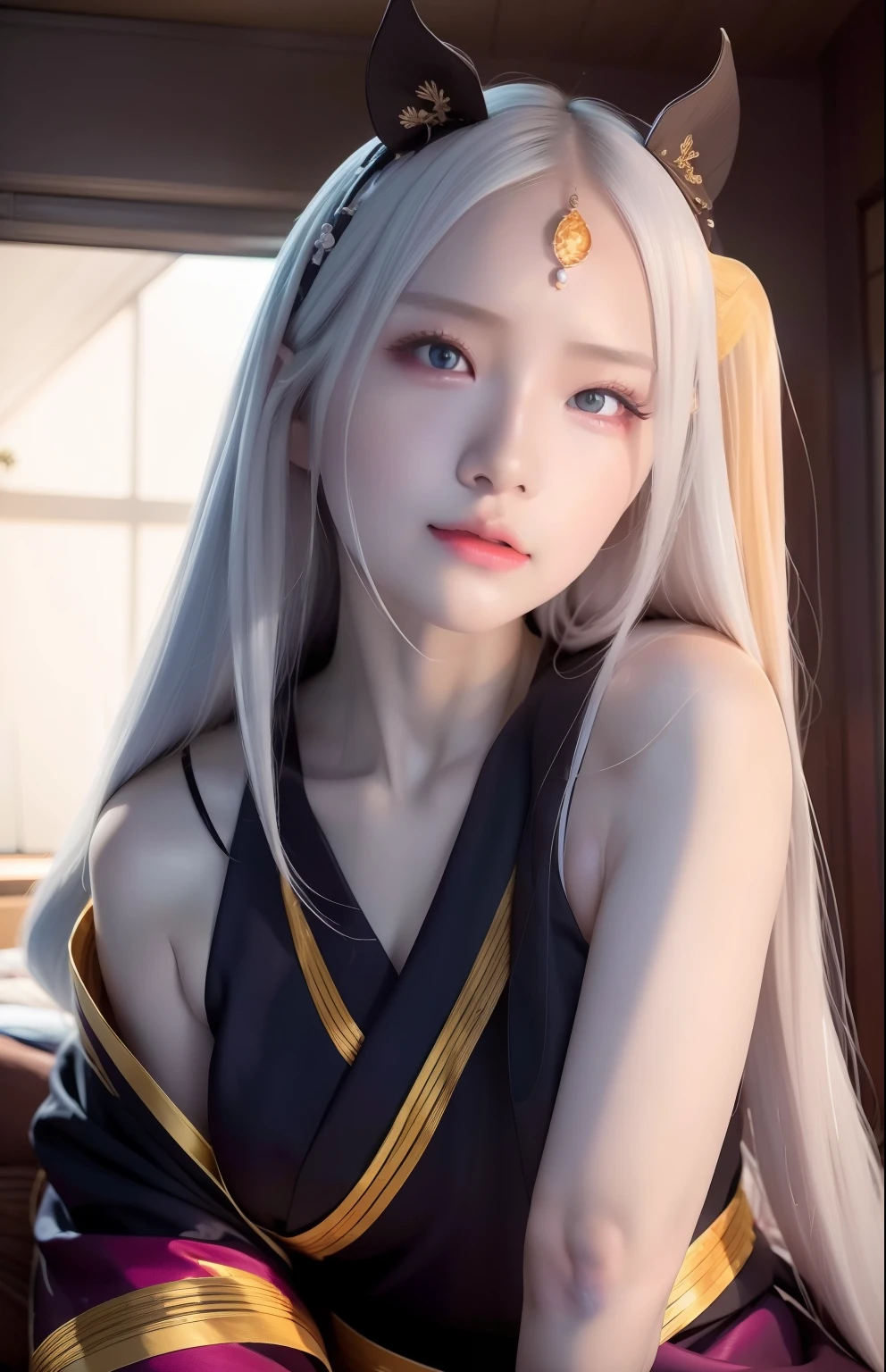 Kaguya otsutsuki. A woman was sitting in a room. She was seen wearing a black kimono. Purple. With a gold line. Yang wisdom. She looks like she has silver hair. Straight up. Unraveling. Very long. And not tied. He also has a pair of brown horns. His skin was so pale white. He looked into the camera. So pretty. Tempting. And realistic.