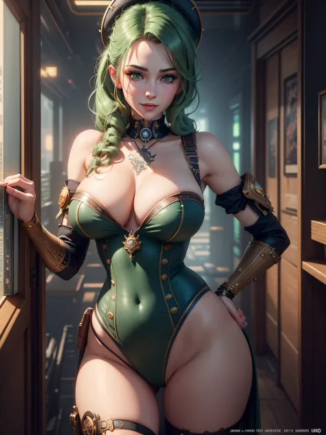 beautiful female face, wearing a steampunk sailor outfit, gorgeous green eyes, intricate, cleavage, soft lips, smiling, naughty, seductive glance, side boob, cyberpunk art ultrarealistic 8k, octane cgsociety, made in unreal engine 5, (best quality，ultra - ...