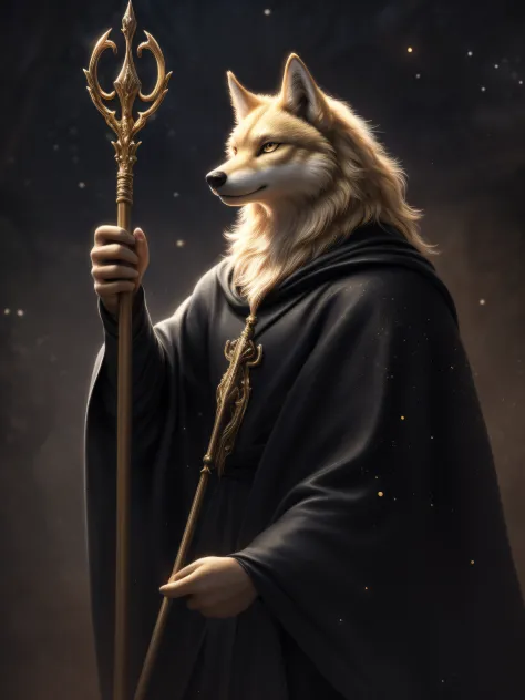 Masterpieces,offcial art,Furry,Male,Anthropomorphic golden wolf,Delicate face,Delicate eyes,Black cloak,Staff，:1.2, Depth of fie...