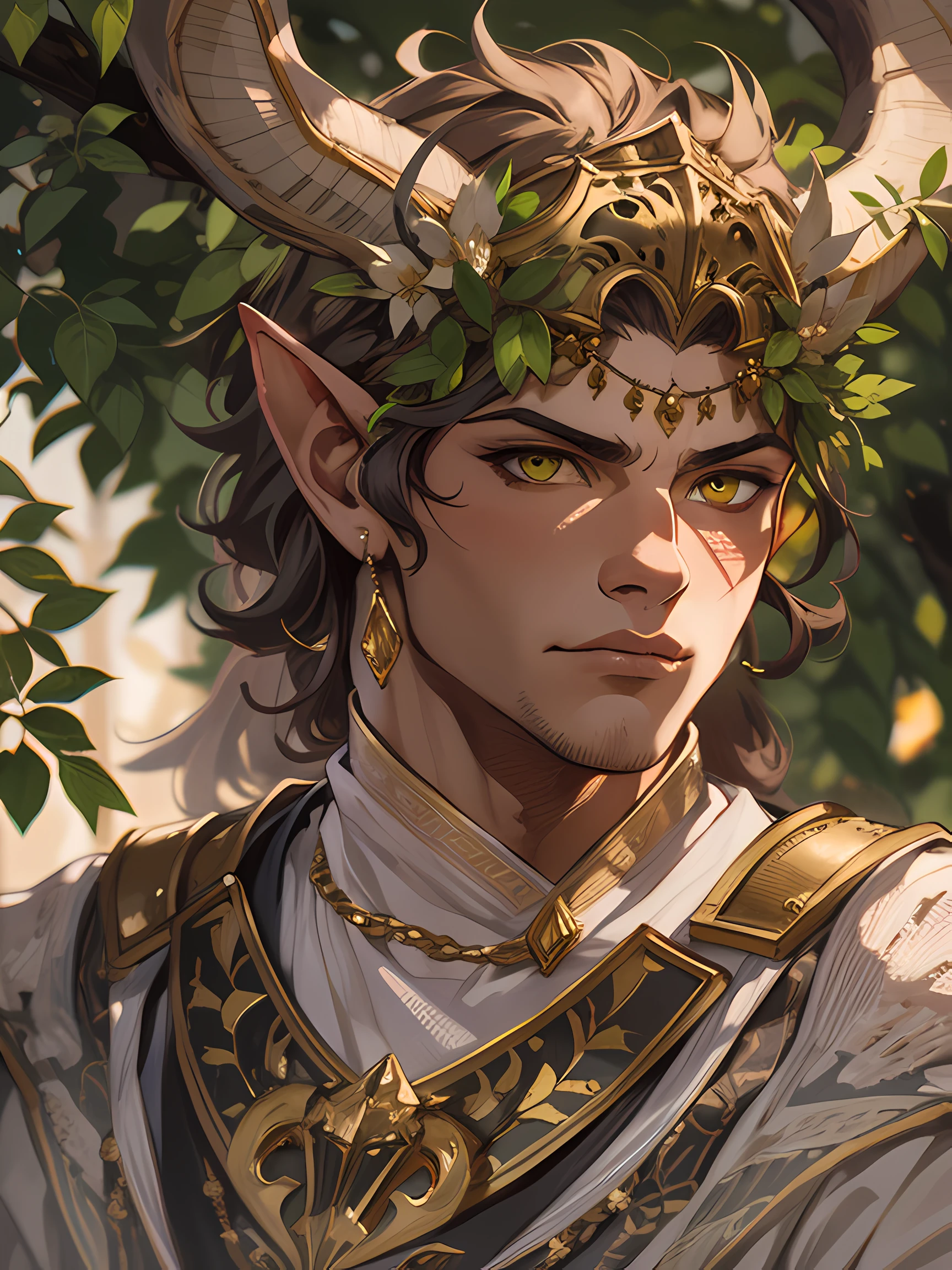 D&D drawing, a very handsome faun druid with golden eyes and a tunic with an acacia tree pattern, expression loyal, close-up intensity, masterpiece, best quality, ultra-detailed, cinematic beautiful lighting, intricate details, looking at viewer, depth of field-ar 2:3-s 200, knight, armored