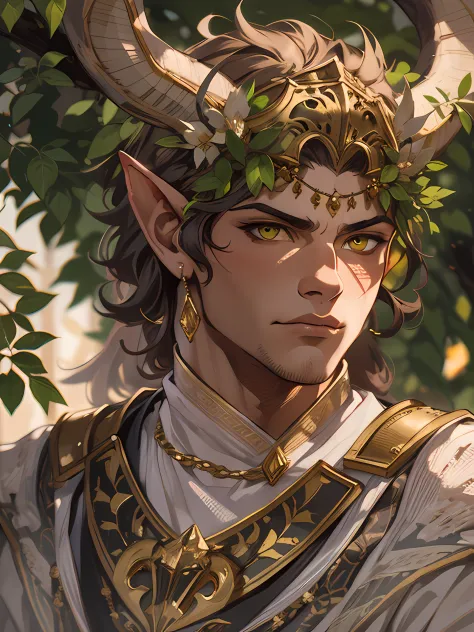 D&D drawing, a very handsome faun druid with golden eyes and a tunic with an acacia tree pattern, expression loyal, close-up int...