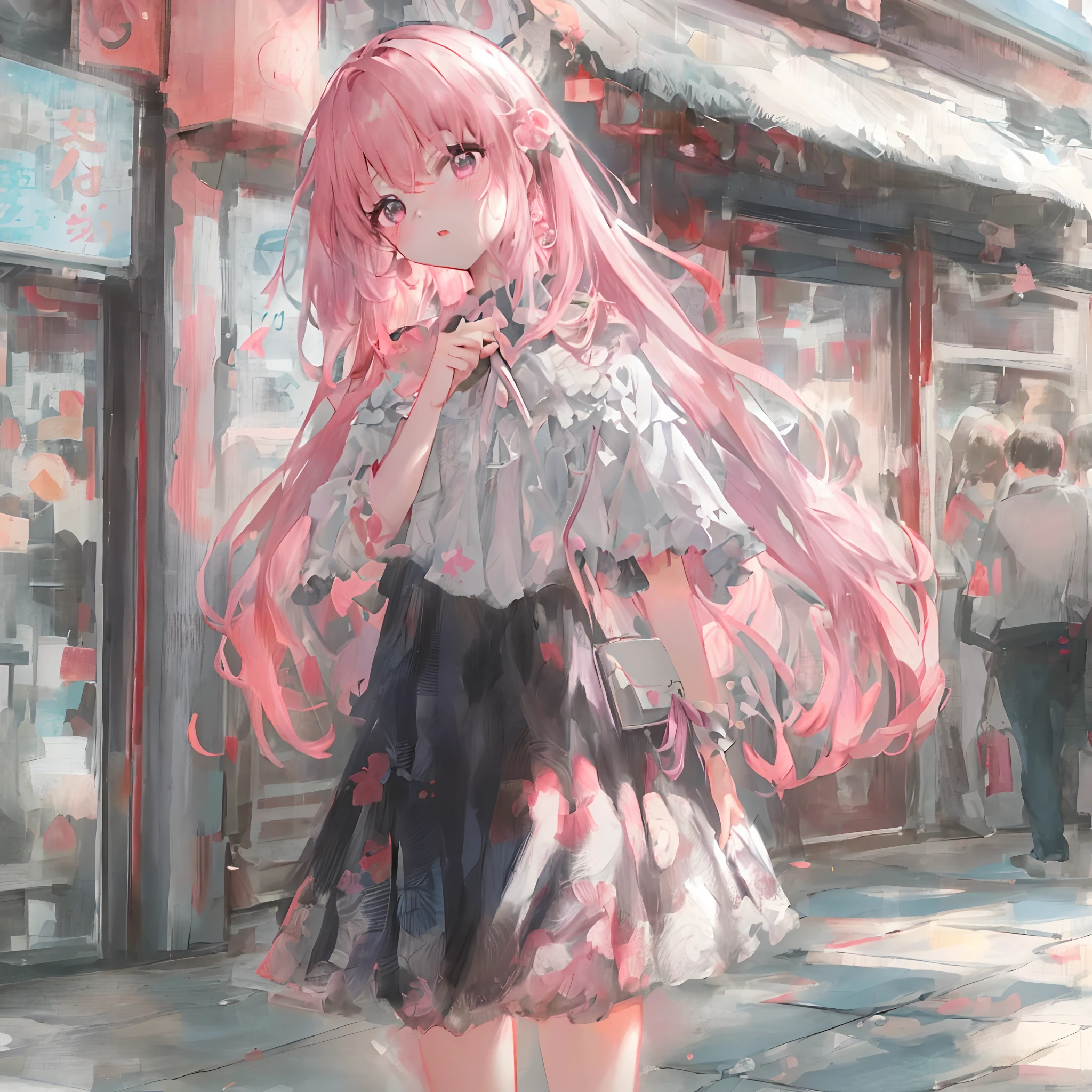 absurderes, hight resolution, ((masutepiece)), animesque、((Best Quality)),(lensflare)、 (Ultra-detailed), (Beautiful), ((Kawaii Girl)), 独奏,Beautiful face、White skin、​masterpiece,(10yaers old:1.3)、Cute pink hair、(One girl in a cute dress、In public、Look away、Standing、embarrassed from、Blushing、Keep your mouth shut)、a street、(Girl is peeing:1.4)、Mini skirt、full body Esbian