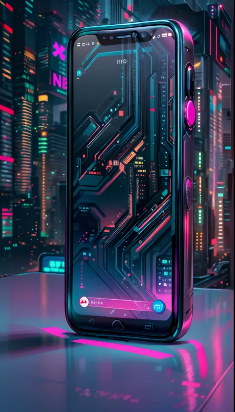 (masterpiece, product photography, focus shot), centered, cyberpunk concept smartphone, (showing screen lined up with apps), cyber tech, neon light, HD, Photography, cyberpunk lab background, product design, professional photography, studio lighting,