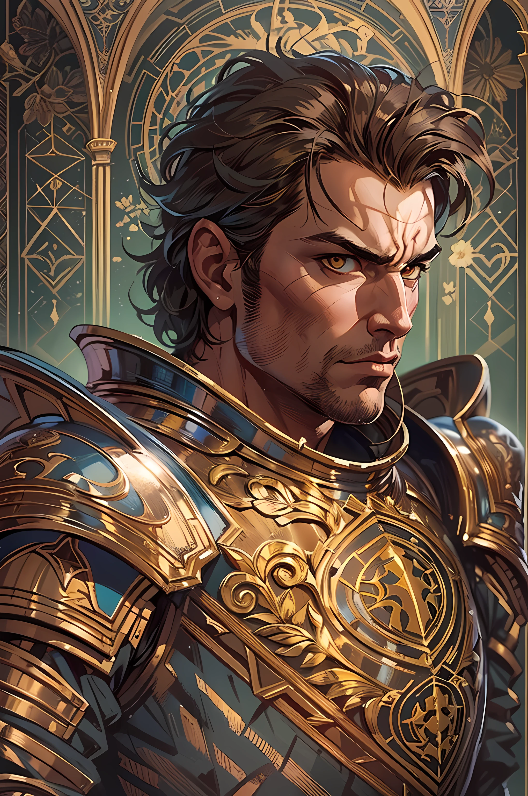 D&D drawing, a very handsome knight with golden eyes and a steel asymmetric pattern, expression loyal, close-up intensity, masterpiece, best quality, ultra-detailed, cinematic beautiful lighting, intricate details, looking at viewer, depth of field-ar 2:3-s 200, knight, armored, Art Nouveau style, sideways