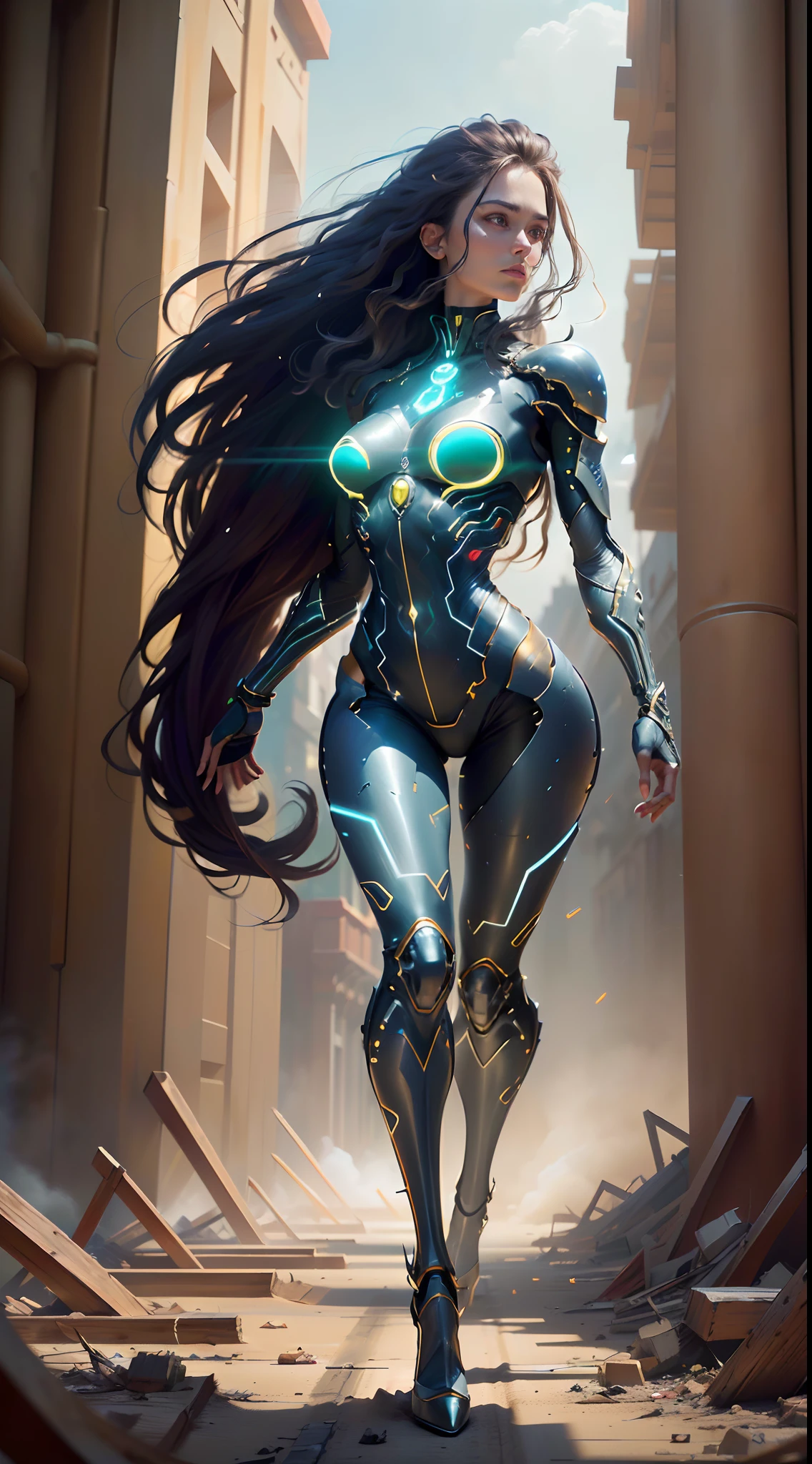 (Best quality,4K,8K,A high resolution,Masterpiece:1.2),Ultra-detailed,(Realistic,Photorealistic,photo-realistic:1.37),Scroll:1.5,Combat,Glowing eyes,Electroluminescent extra-long hair braids scattered on the ground,Rip skinny super suit,Sparkling mechanical heels,Mechanical long tail,Smoke and flames in destroyed cities,Glowing aura of power,Dynamic pose,Dynamic perspective,Full body shot