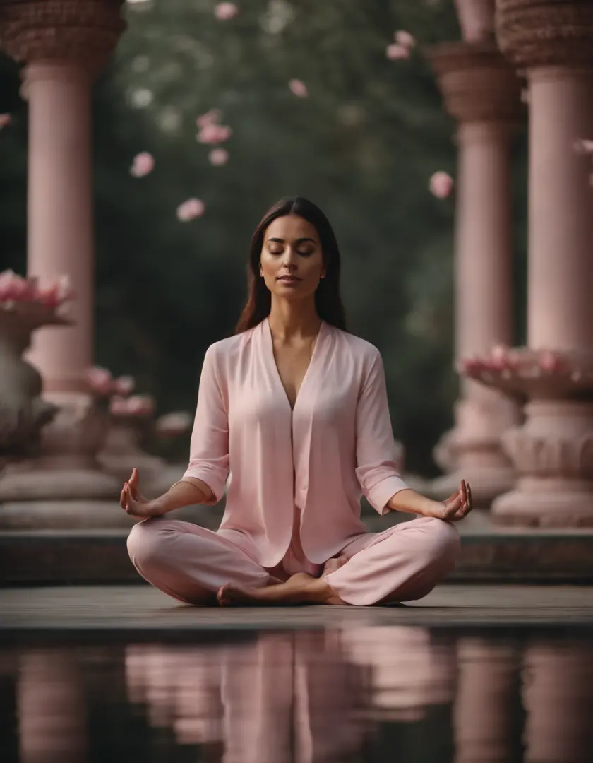 woman in lotus flower pose meditating, surreal setting, pale pink colors,  high quality photography, (medium long shot) - SeaArt AI