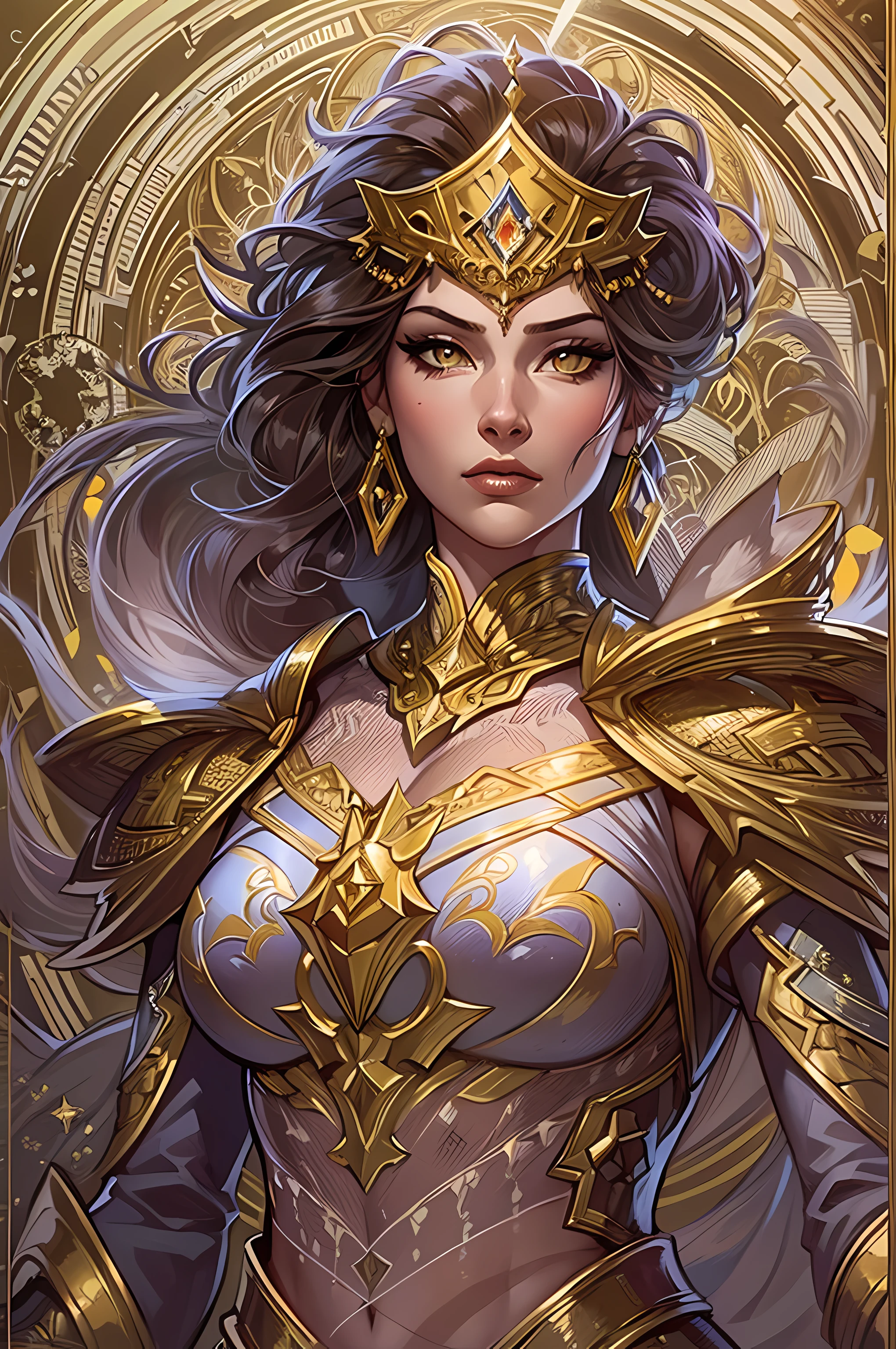 D&D drawing, a very beautiful queen with golden eyes and a steel asymmetric pattern, expression loyal, glowing, close-up intensity, masterpiece, best quality, ultra-detailed, cinematic beautiful lighting, intricate details, looking at viewer, depth of field-ar 2:3-s 200, armored, Art Nouveau style, sideways, portrait