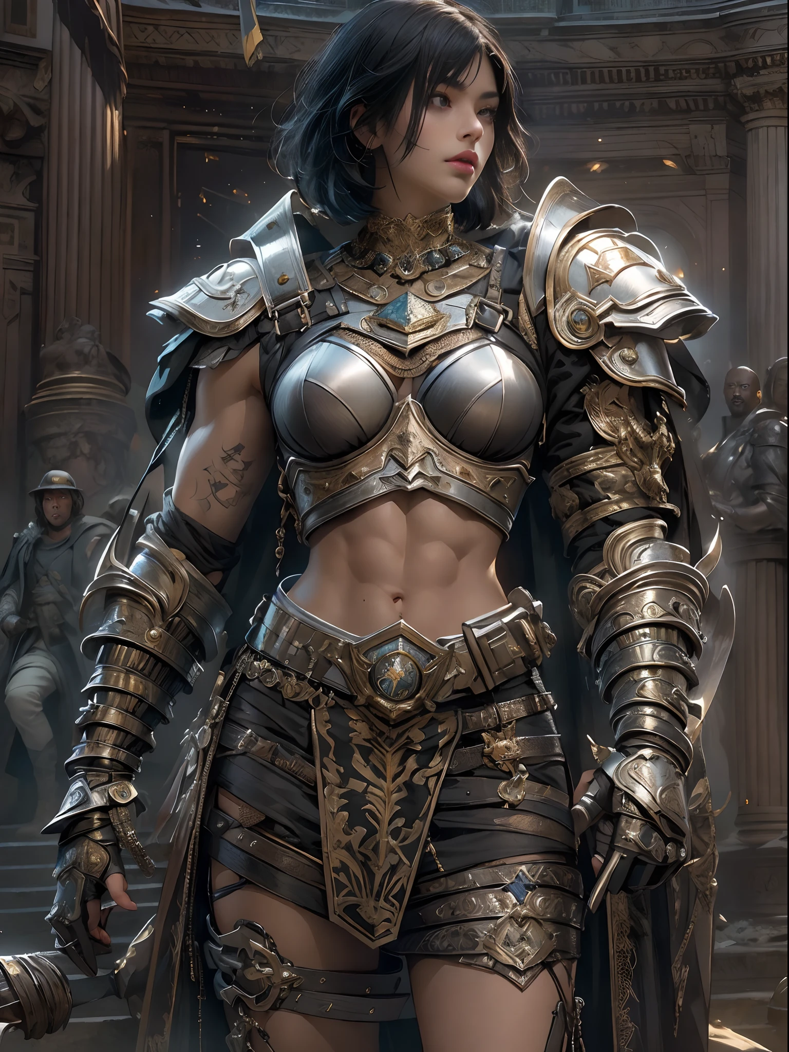(((of the highest quality: 1.4))),(unparalleled masterpiece ever), (Ultra high definition),(Ultra realistic 8K CG), (((adult body))), (((1girl in))), ((( Bob Shorthair ))), Gladiators with perfect bodies,,Beautiful and well-groomed face,muscular body:1.4,Detailed breastplate, gauntlets、is standing, (Image from head to thigh),(( Black Hair Bob Shorthair )),, Simon Bisley's urban savage style,Detailed ancient Roman background,Clean abs, Complex equipment, Dark brown with white stars and gray and white stripes,,,s Armor, Poison tattoo