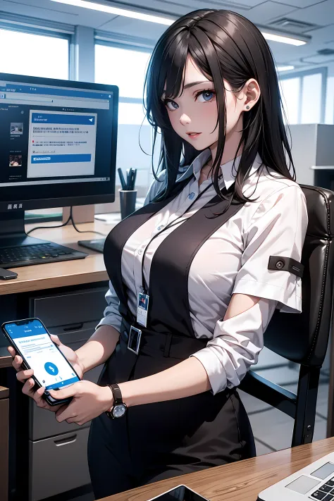 The office district of the near future、Office worker using a smartphone mounted on his arm。Beauty OL,Holograms displayed from a ...