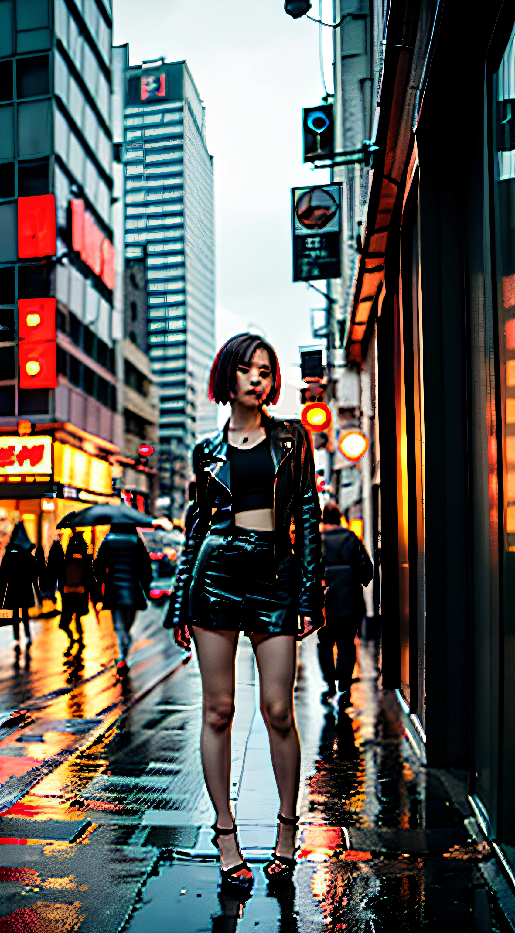 Chicas posando en una ciudad cyberpunk en un día lluvioso