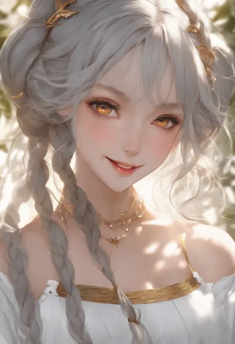 Top quality, High image quality, Masterpiece, Gray hair, Golden eyes, White clothes, Looking up, Upper body, Hairline, Fair skin, Side braids, Smiling, double teeth