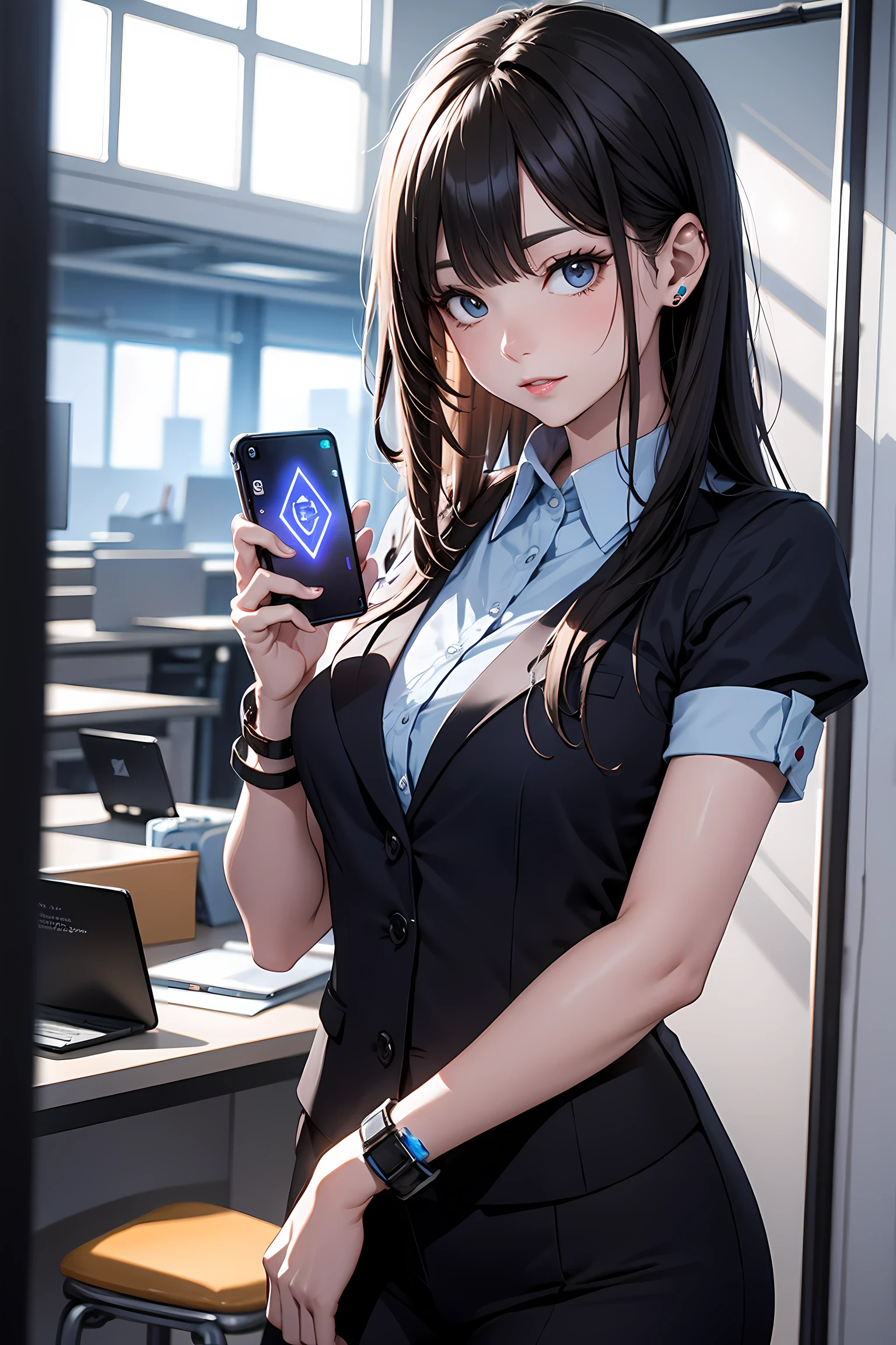 The office district of the near future、Office worker using a smartphone mounted on his arm。Beauty OL,Holograms displayed from a smartphone on your arm、