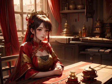 woman, Red wedding dress, desks, Intricate skirt, golden headdress, Prop your hands on the table in front view , full of sunligh...