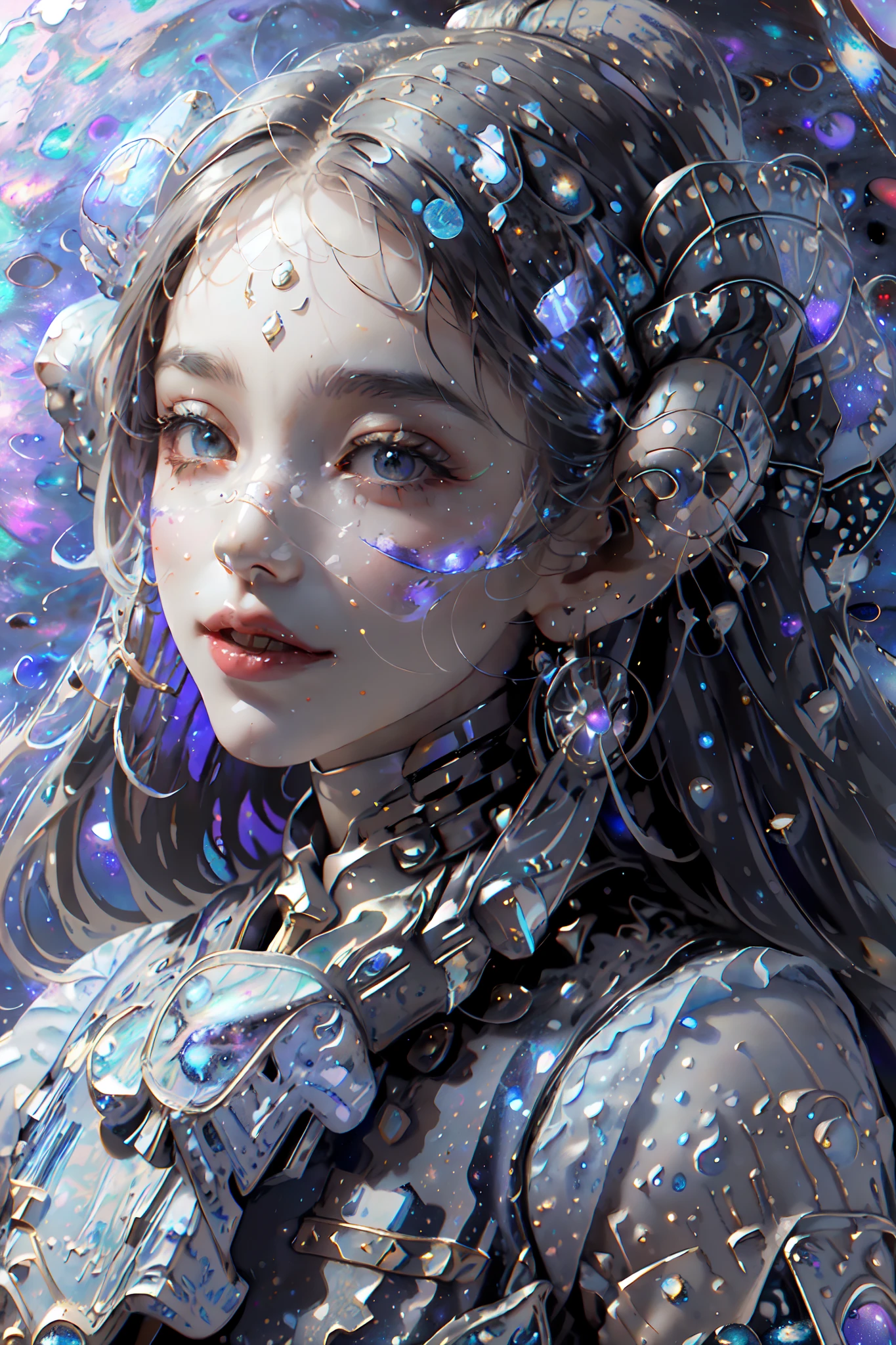 (high resolution, Incredibly detailed, Masterpiece), Complex close-up portrait of a beautiful girl，He has the universe and stars in his eyes ,beautiful  face,In space , Has fractal geometry (Vibrant colors:0.6), goal (Milky Way Galaxy background:1.8), Integrate the complex, Mesmerizing shapes and patterns,twoddle ,Fractal art,stars and galaxies