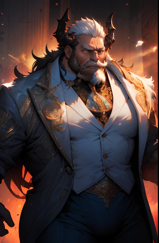 (old man:1.0), (bara:1.0),(admiral:1.0),(boss:2.0), (thick body:2.0),fat,(ornate suit:2.0),long tie,luxury,(dragon horns),(white beard:2.0),short white hair,(handsome), sharp gaze, in cage,(red eyes: 2.0),big eyes, (big bulge:2.0), standing, hide hands behind hip, hd quality, masterpiece, (extremely detailed), looking to the viewer, perspective view, UHD, 64k, unreal.(highly detailed skin), (detailed face), detailed background, dark lighting, twilight lighting, volumetric lighting, intricate details, UHD, evil, corrupted