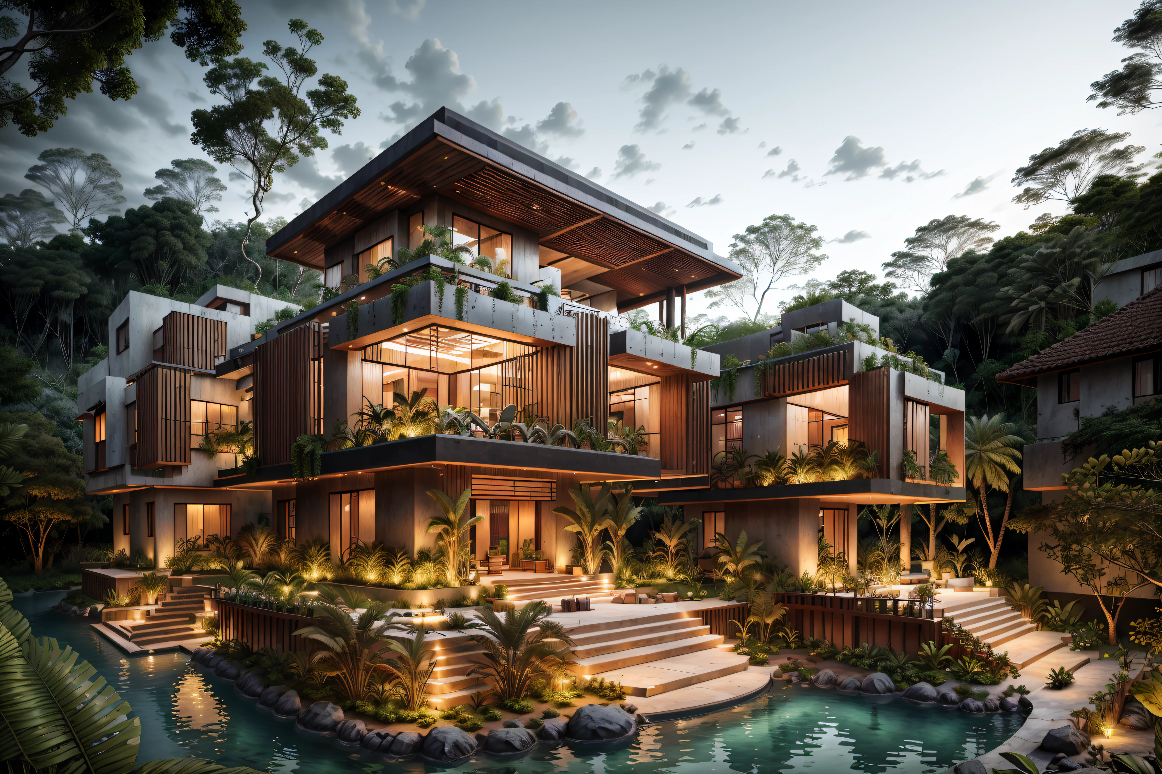 Boho style, luxury jungle villa with roof garden, glass villa with a sloping roof, modern, dynamic (RAW photo, real, best quality, masterpiece:1.2), (hyper realistic, photo-realistic:1.2), high quality, (dark lighting:1.2), perfect lighting, archdaily, award wining sustainable architecture, cinematic light, golden hour light