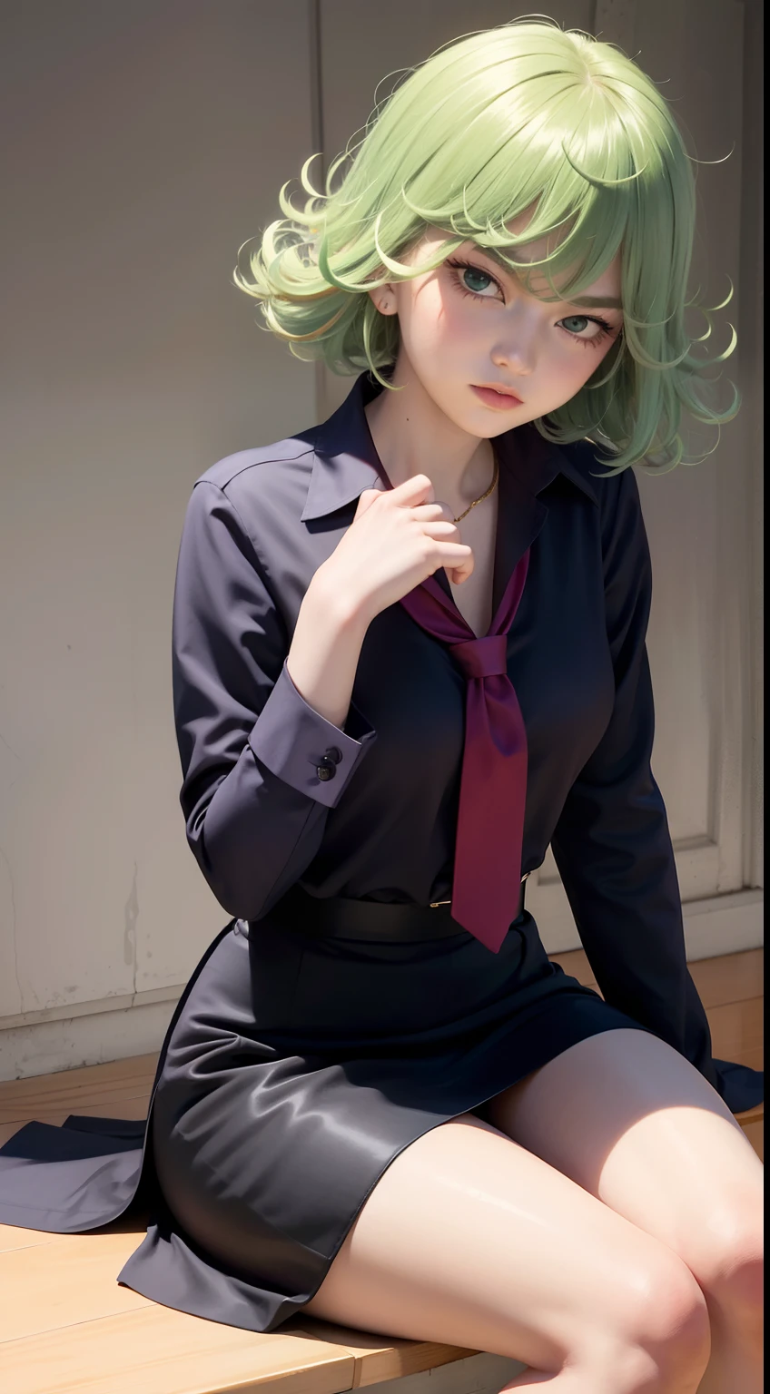 (masterpiece, best quality:1.2), solo, 1girl, tatsumaki, unamused, closed mouth, looking at viewer, hand on own face, sitting, crossed legs, collared shirt, necktie, skirt, pantyhose