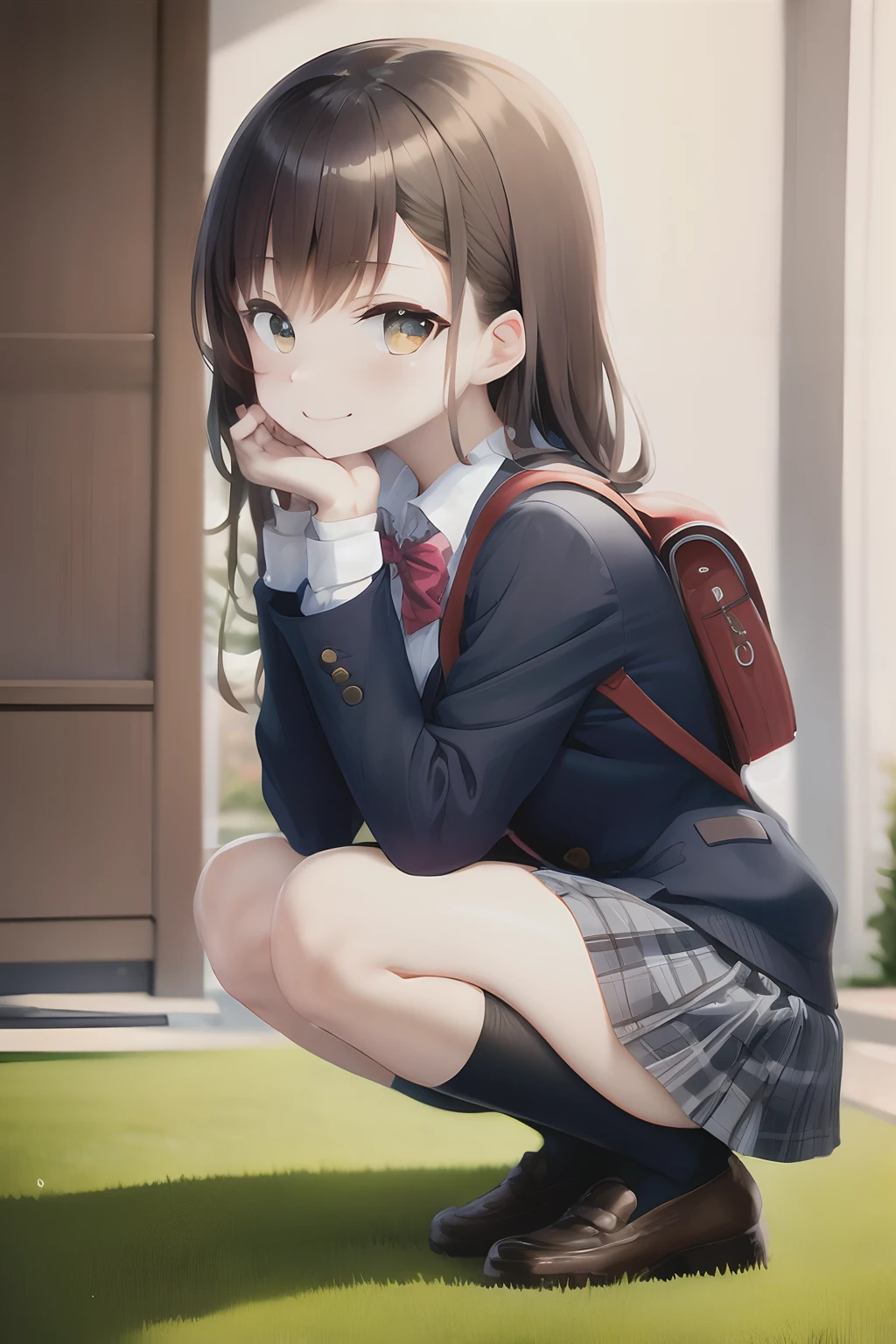 Anime girl kneeling down with her hand on her chin - SeaArt AI