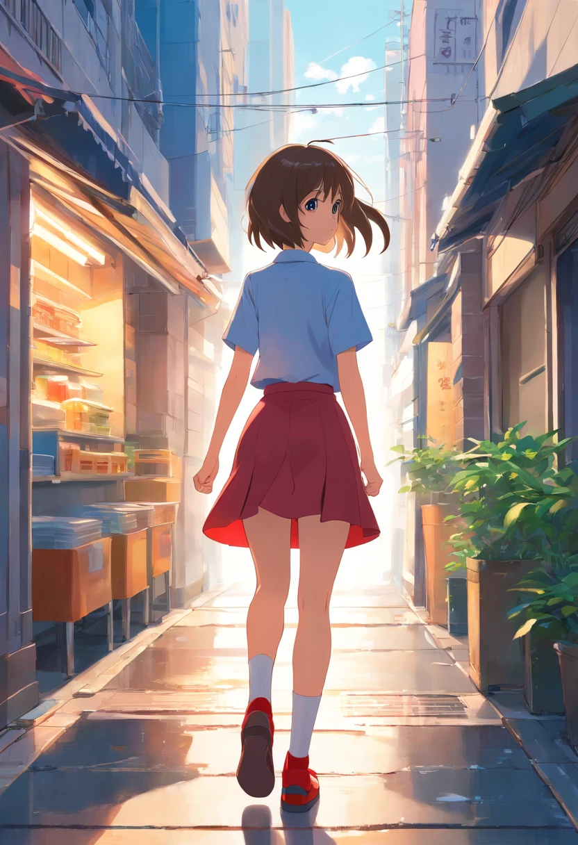 best qualtiy，tmasterpiece，k hd，1girll，White shirt，Red skirt，Socks，double tails，(noodle:1.3)、Walking down the street，((From the side Side))，Detailed scenes, Beautiful digital illustration, the detail，Hyper-detailed