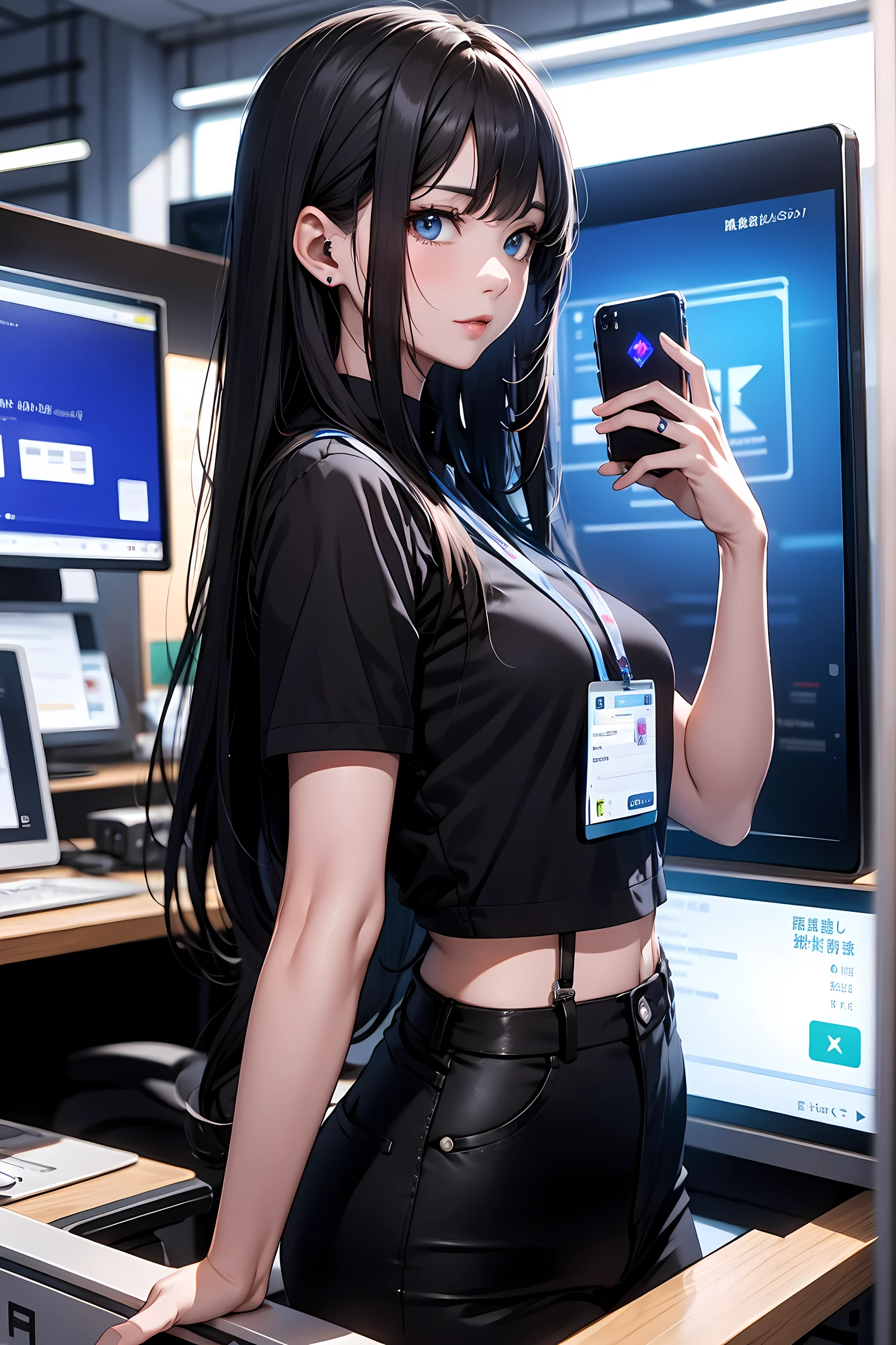 The office district of the near future、Office worker using a smartphone mounted on his arm。Beauty OL,Holograms displayed from a smartphone on your arm、