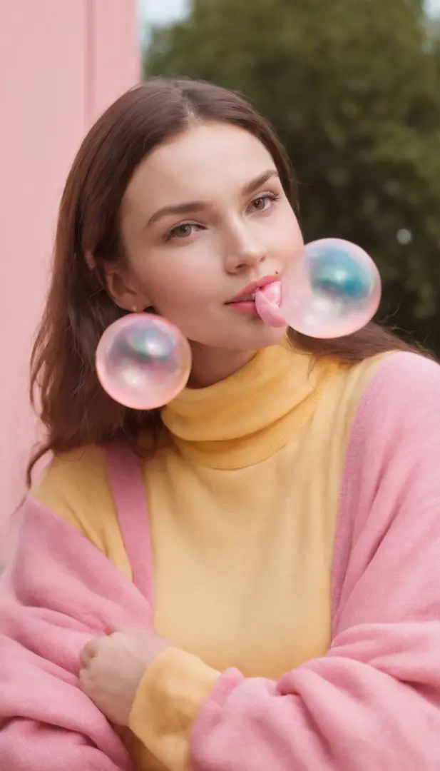 A hyperealistic photograph smiling young woman blowing bubble gum up in high heels and yellow sweater against pink background, in the style of patricia piccinini, minimalist backgrounds, flickr, loretta lux, noise photography, emotive faces, daniela uhlig,...