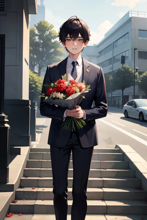 one boy，the boy holds a bouquet of roses in his hand，on campus，have temperament