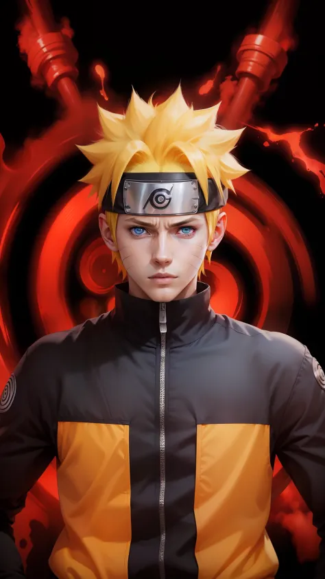 1male, uzumaki naruto in anime naruto, short hair , yellow hair, blue eyes, handsome, orange clothes, realistic clothes, detail ...