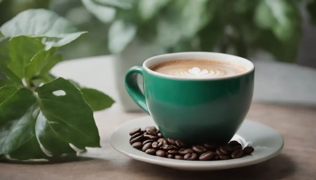 Emerald-colored photo of a cup of coffee on the table, green plants around, Aesthetics of coffee , hiquality, Exposure,