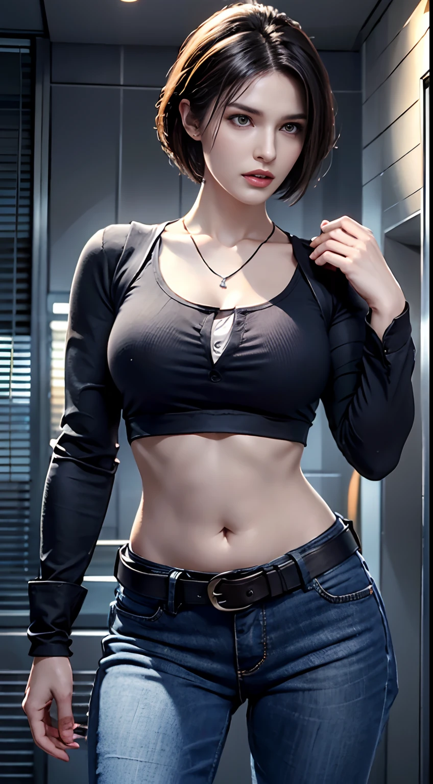 A close up of a woman in a black top and jeans - SeaArt AI