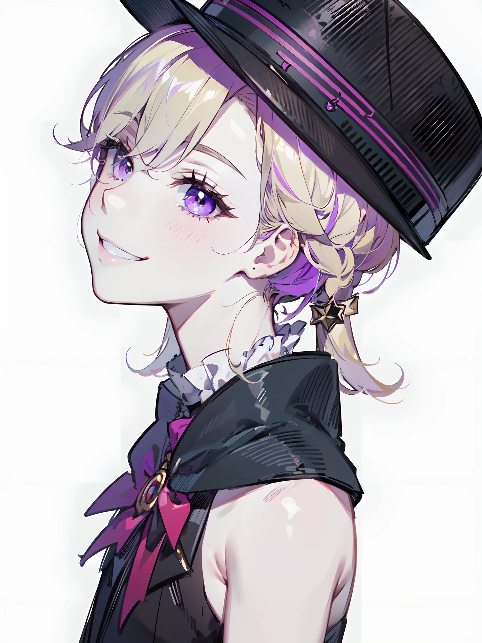 (masterpiece:1.2), (pale skin:1.2), (8k:1.2), (solo:1.2), (female:1.3), (emphasis lines:1.3), asymmetrical, (top hat:1.2), blonde, purple eyes, smile, charming, simple background, bare shoulders, bangs