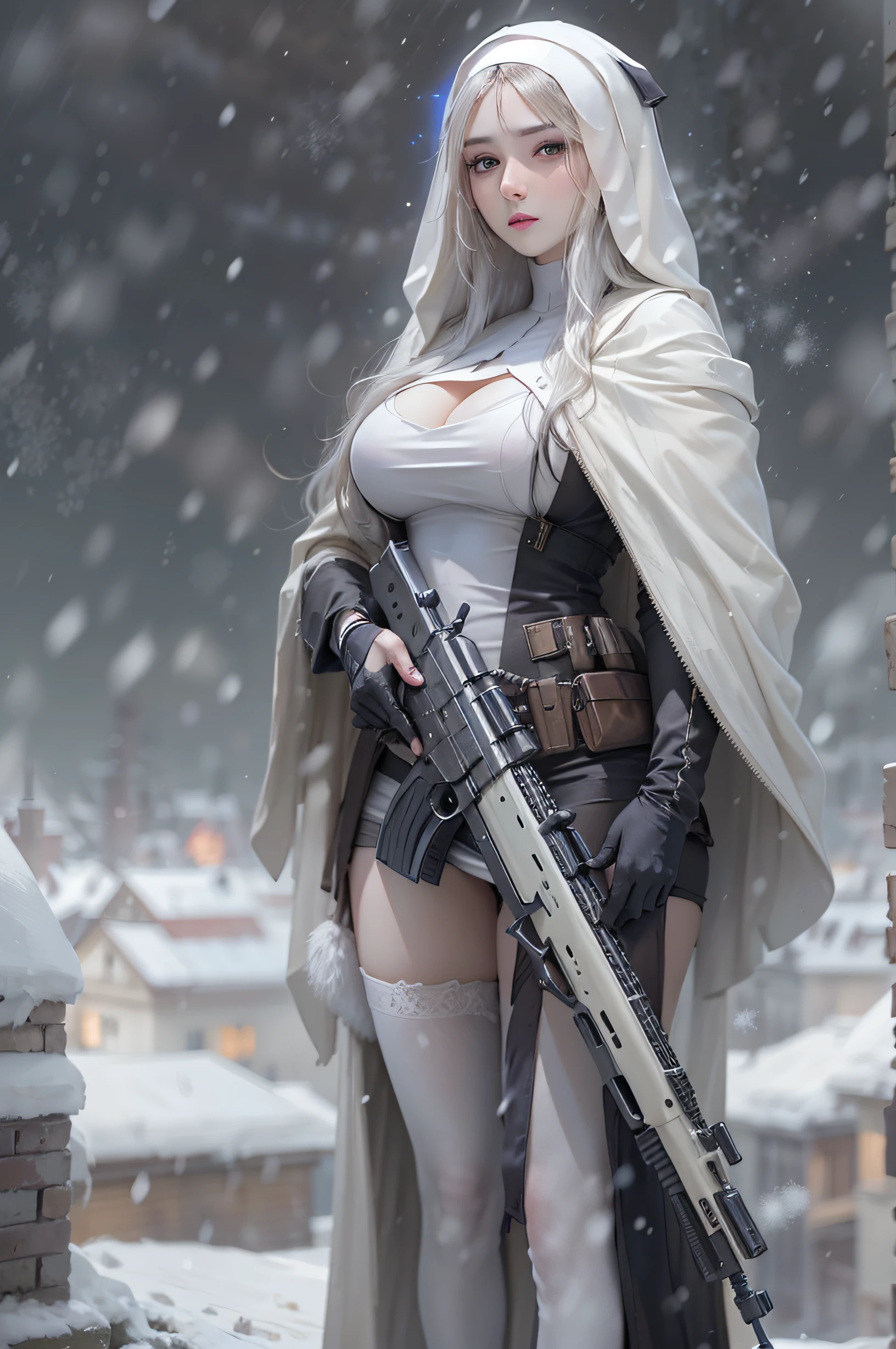 Photorealistic, high resolution, Beautiful tall woman, Solo, Hips up, view the viewer, (Detailed face),white color hair, Long hair, Young lady nun costume, Stockings，Snow background, Girl aiming  assault rifle