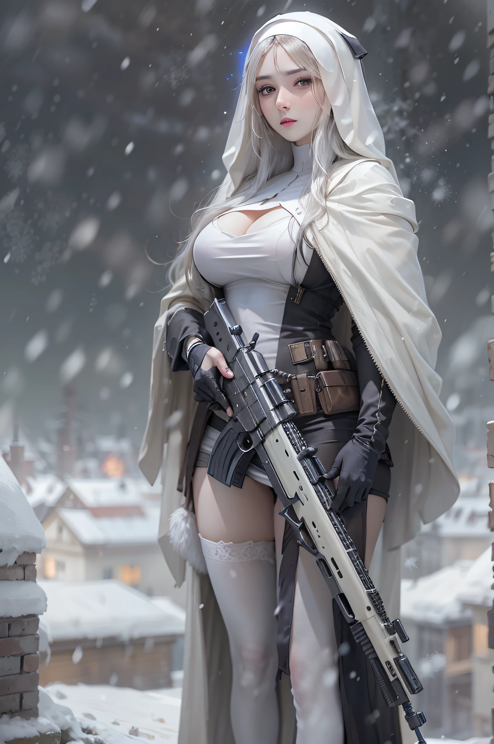 Photorealistic, high resolution, Beautiful tall woman, Solo, Hips up, view the viewer, (Detailed face),white color hair, Long hair, Young lady nun costume, Stockings，Snow background, Girl aiming AK-47 assault rifle