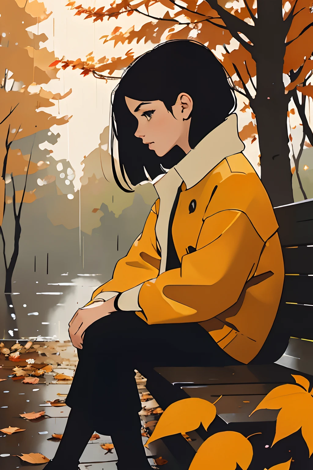 girl sitting on an old bench in a forest, season fall, yellow orange and red leafes falling from the trees, alone, raining weather, cloudy weather, heavy rain, moody color, profile of the girl, black hair, camera further back