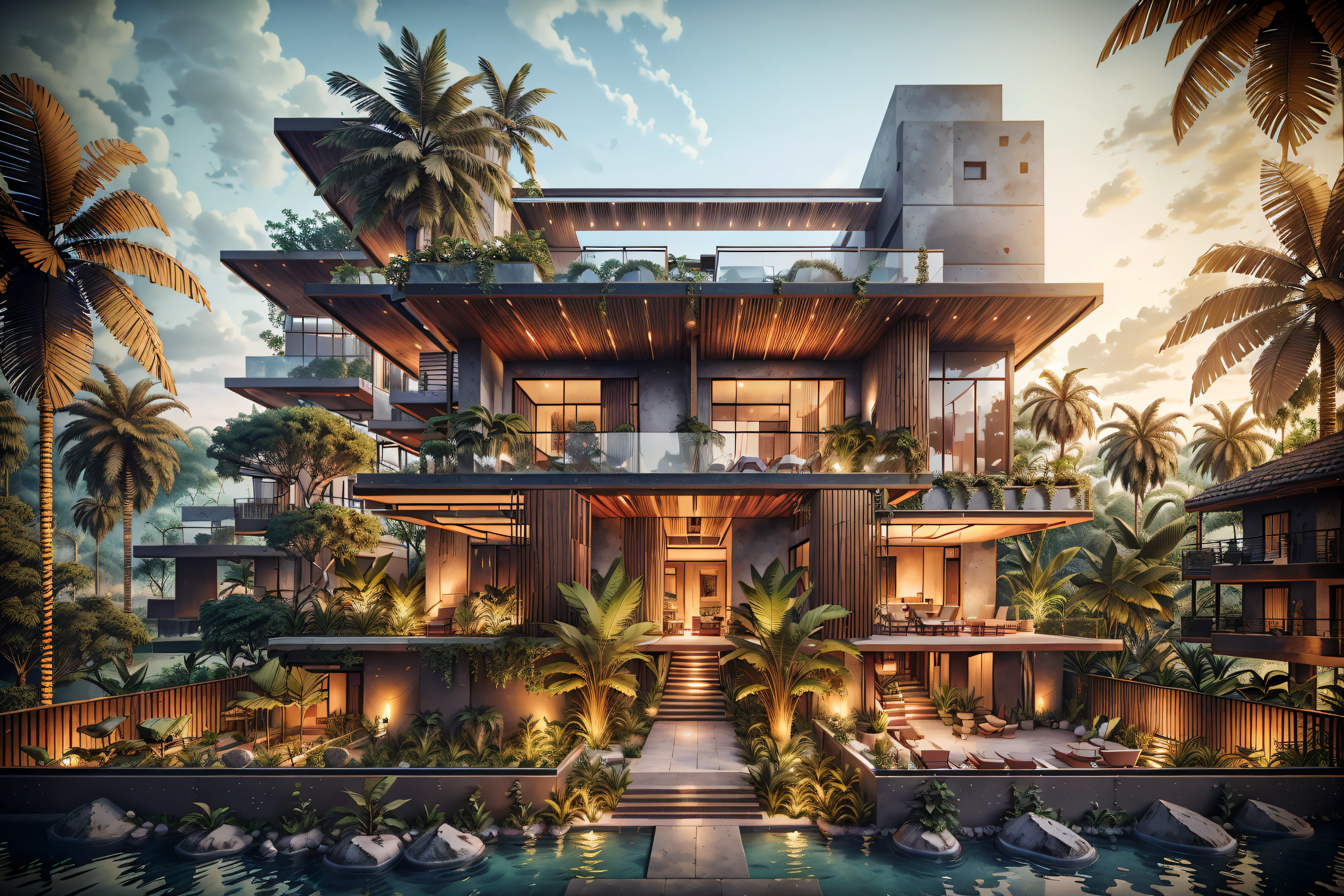 Boho style, luxury jungle villa with roof garden, glass villa with a sloping roof, modern, dynamic (RAW photo, real, best quality, masterpiece:1.2), (hyper realistic, photo-realistic:1.2), high quality, (dark lighting:1.2), perfect lighting, archdaily, award wining sustainable architecture, cinematic light, golden hour light