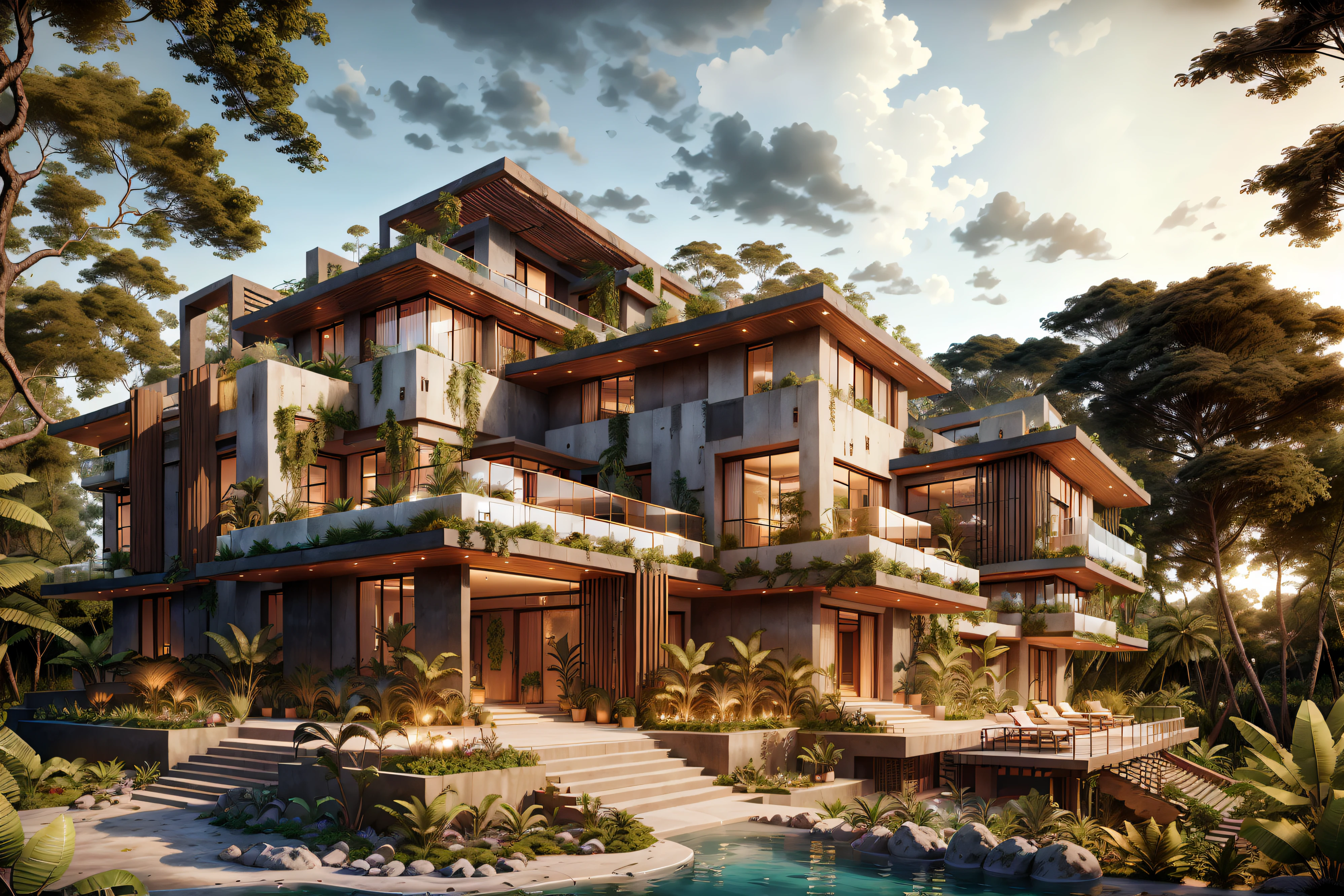 Boho style, luxury jungle villa with roof garden, glass villa with a sloping roof, modern, dynamic (RAW photo, real, best quality, masterpiece:1.2), (hyper realistic, photo-realistic:1.2), high quality, (dark lighting:1.2), perfect lighting, archdaily, award wining sustainable architecture, cinematic light, golden hour light